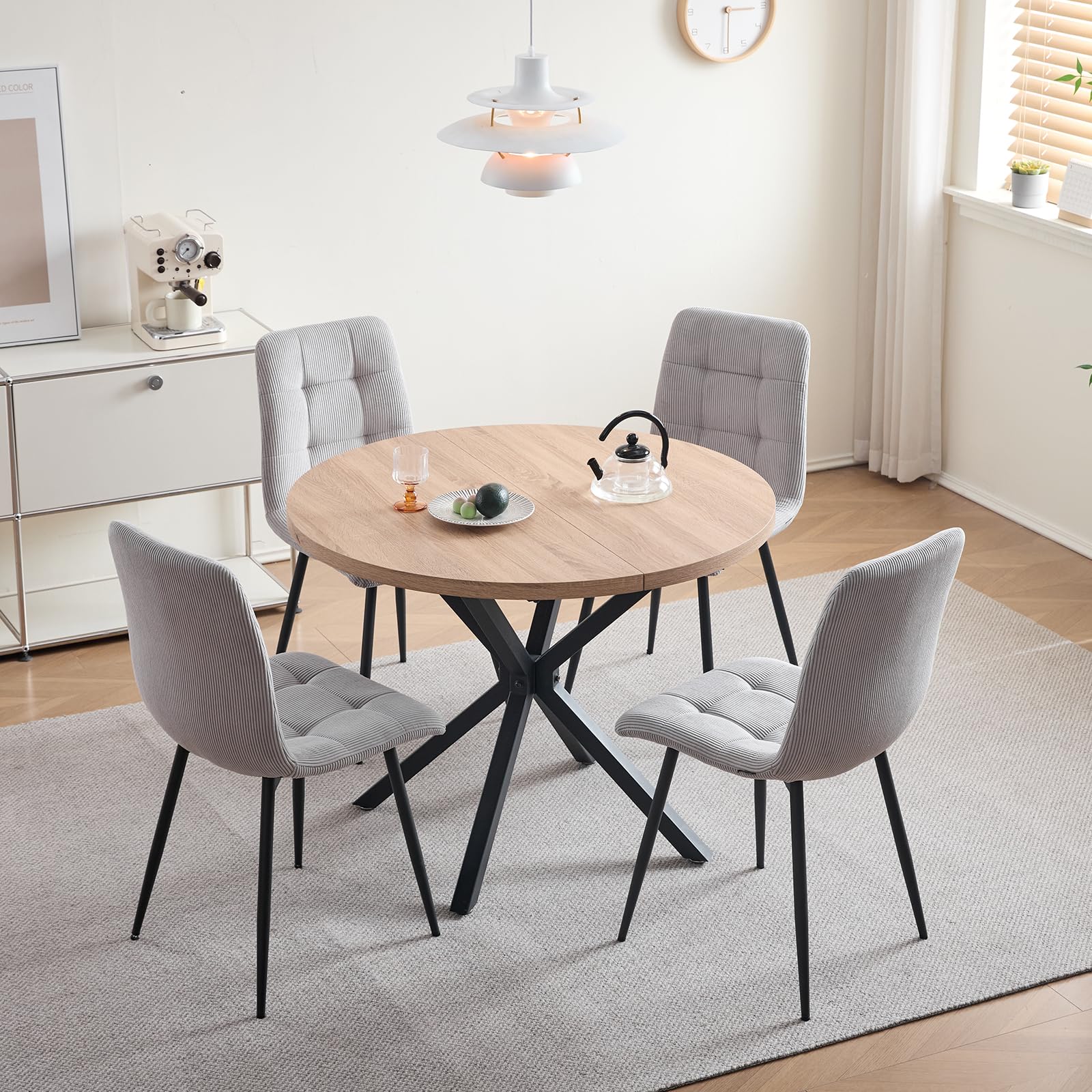 Esstisch- und Stuhlset, 4 Cord mit Hoher Rückenlehne und EIN 100 cm Langer Moderner Runder Esstisch, Geeignet für Küchen, Esszimmer und Wohnzimmer (Hell + Hellgrau)