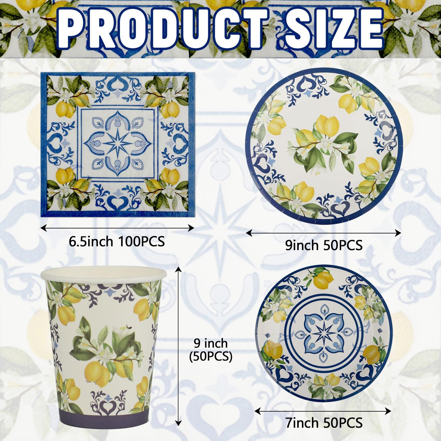 250 Pcs Capri Lemon Party Supplies,Disposable Tableware Set,Include Plates Cups and Napkins,Citrus Fruit Paper Plates Set for Summer Spring Birthday Baby Shower Wedding,Serves 50