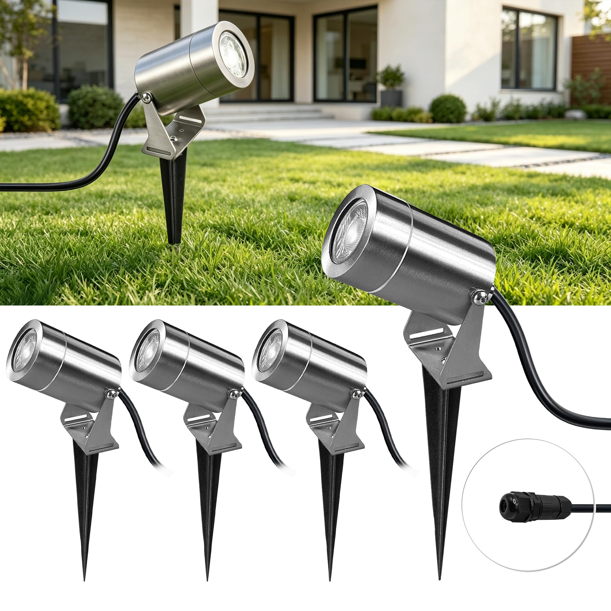 JNR Edelstahl LED Gartenbeleuchtung mit Strom und Erdspieß, Silber 4 Pack | IP65 Wasserdicht Gartenlampen für Draußen Strom mit 2M Kabel Kein Stecker, Gartenleuchten 5W GU10 3000K Warmweiß Glühbirne