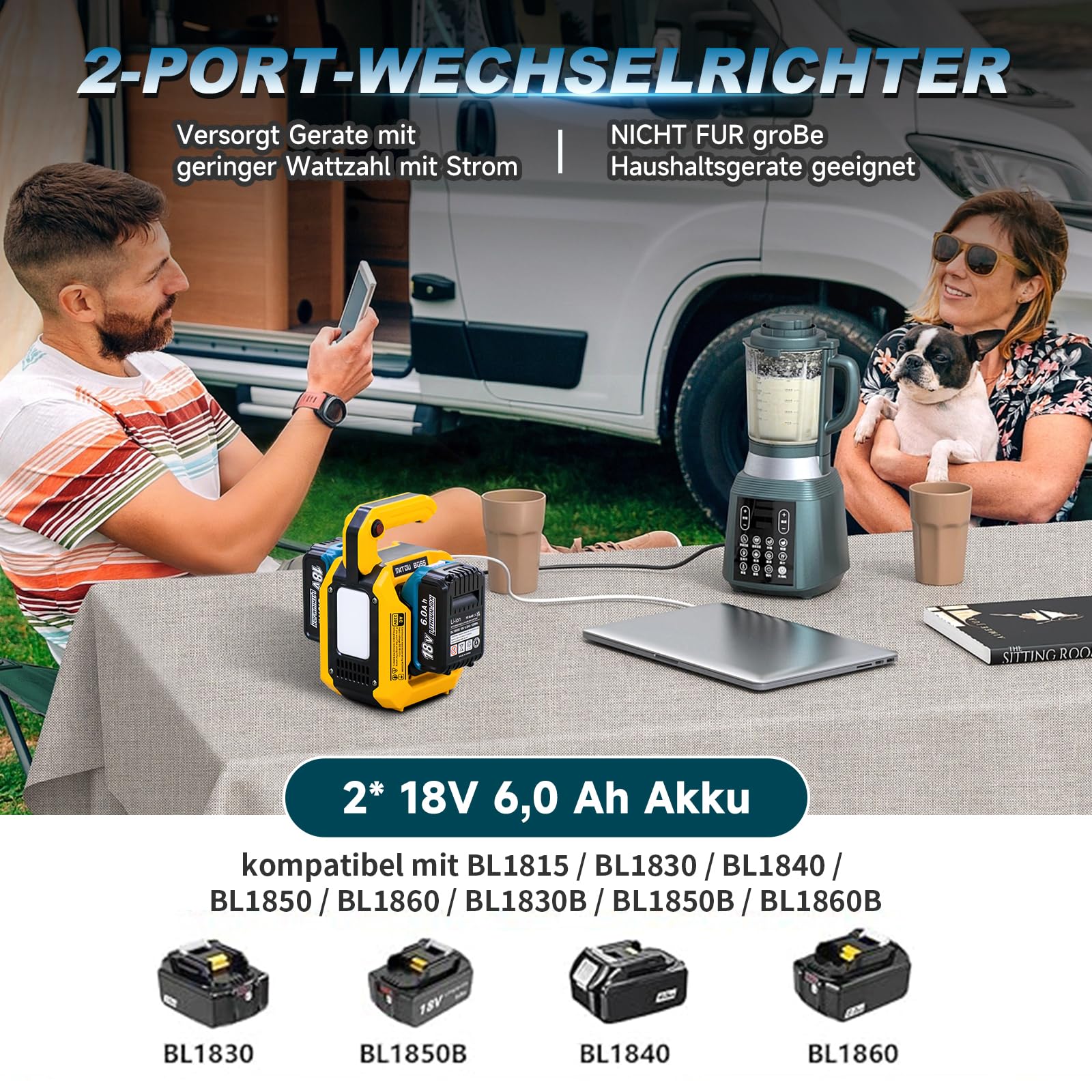DATOUBOSS Falownik akumulatorowy 500 W, 18 V, czysty sinus, przetwornica napięcia 230 V, z gniazdem UE, USB-C/USB-A, kompatybilny z akumulatorami przesuwnymi 18 V (podobny do BL18xx tylko referencyjny