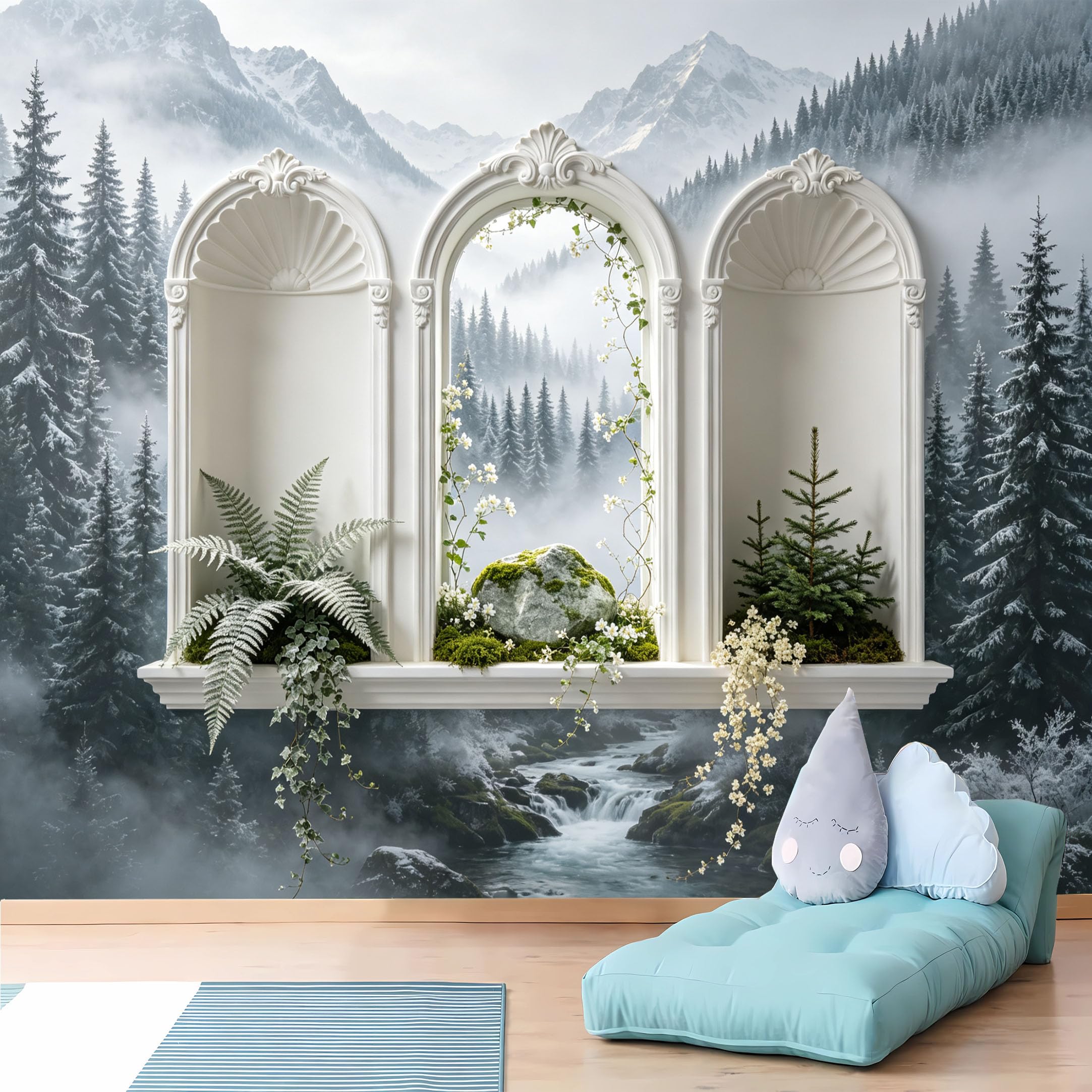 Custom Size Wall Murals White Frame Snowy Mountain View Wall Murals Nature Wallpaper Full Wall Self-Adhesive Removable Wallpaper for Living Room Bedroom