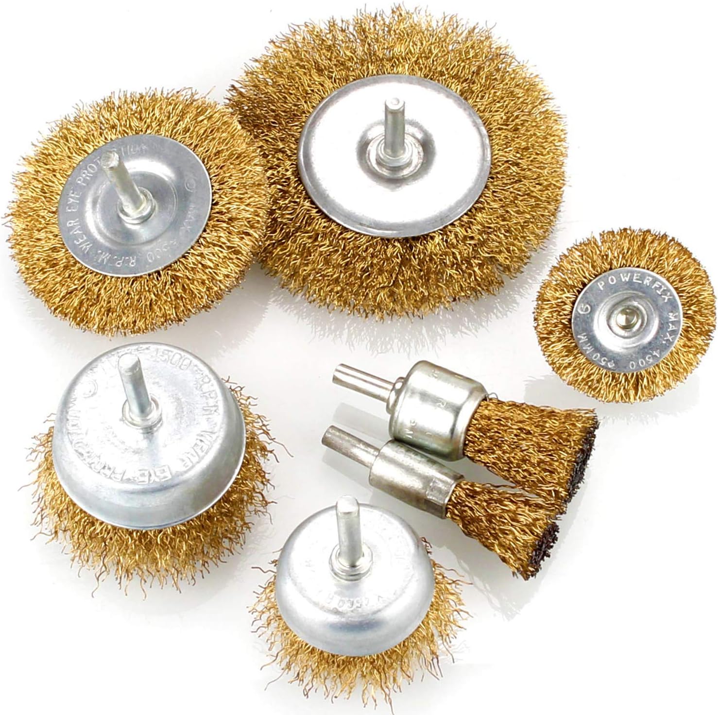 7pcs Wire Brush Kit for Drill, Brass Coated Wire Brush Wheel & Cup Brush Set with 1/4-Inch Shank, 7 Sizes Coated Wire Drill Brush Set Perfect for Removal of Rust, Corrosion, Paint