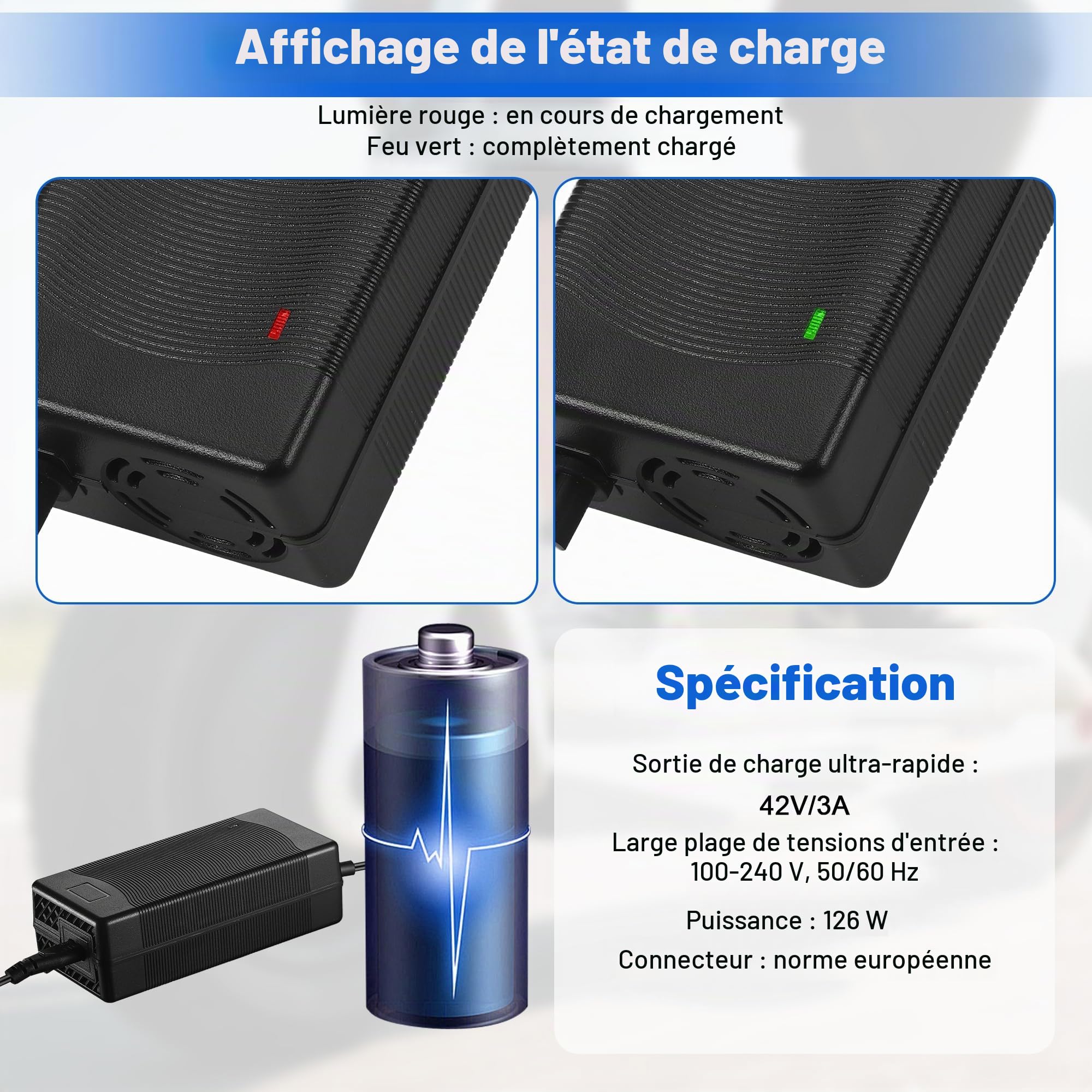 JIZZU Chargeur Trotinette Electrique, 42V 3A, avec 5 Connecteurs | AC Adaptateur Hoverboard, Universel Chargeur de Batterie, pour Scooters Électriques, Scooter de Équilibre, Planche à Dériver