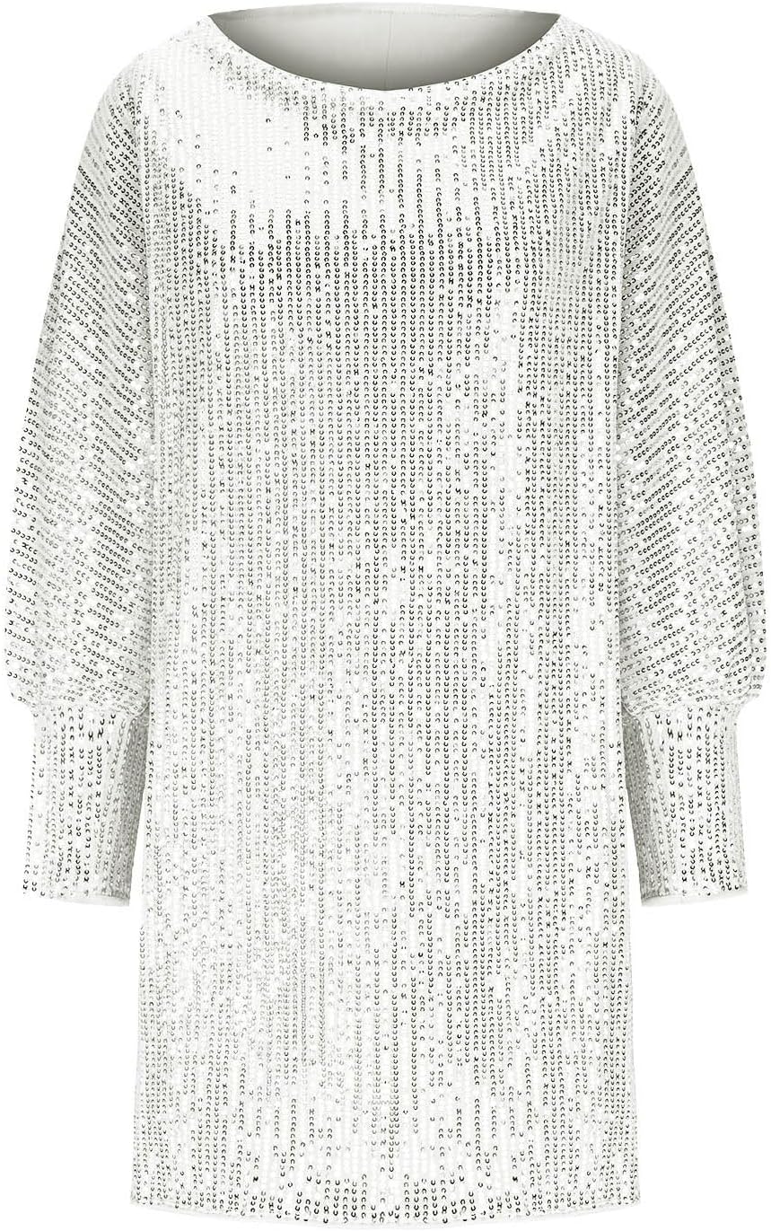 Women's Sparkly Sequins Party Dresses Long Sleeve Boat Neck Elegant Loose Batwing Cocktail Trendy Mini Dress