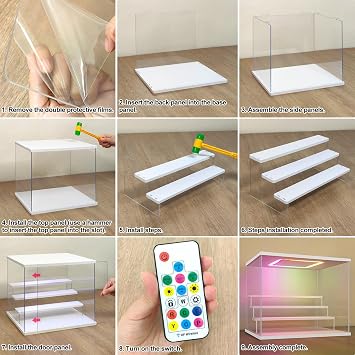 NONEMEY Clear Acrylic Display Case Stand with LED RGB Light 3/4/5/6 Tier Storage Box Showcase Dustproof Organizer Box for Collectibles (White 4Tier 12.4x9.6x10.4inch,31.5x24.5x26.5cm)