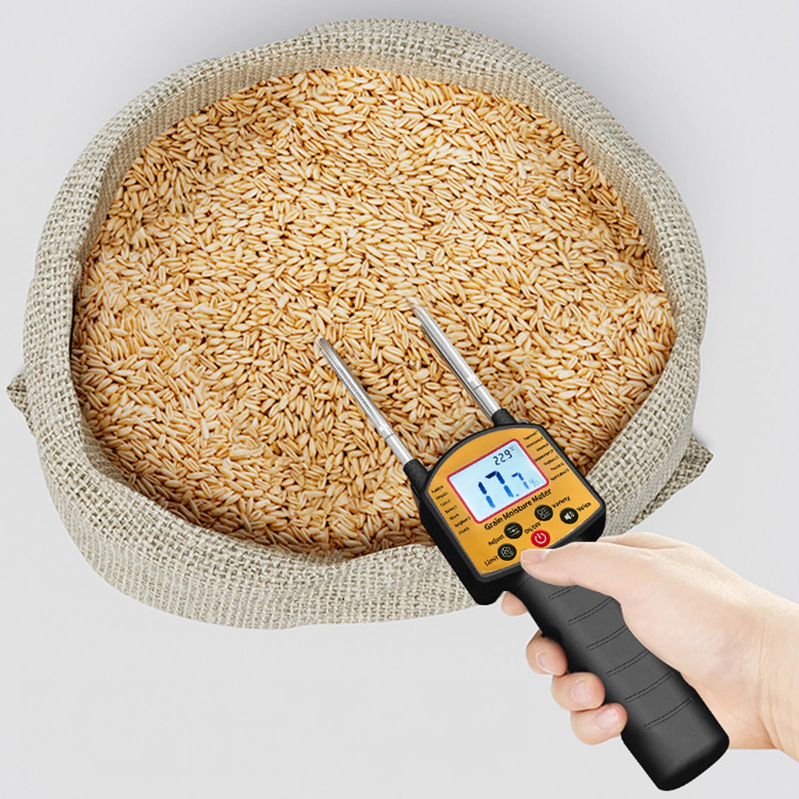 Misuratore di umidità del grano, doppia sonda ad alta precisione con retroilluminazione LCD, promemoria vocali, deviazione correggibile per misurare riso, fagioli, arachidi, soia, 14 grani