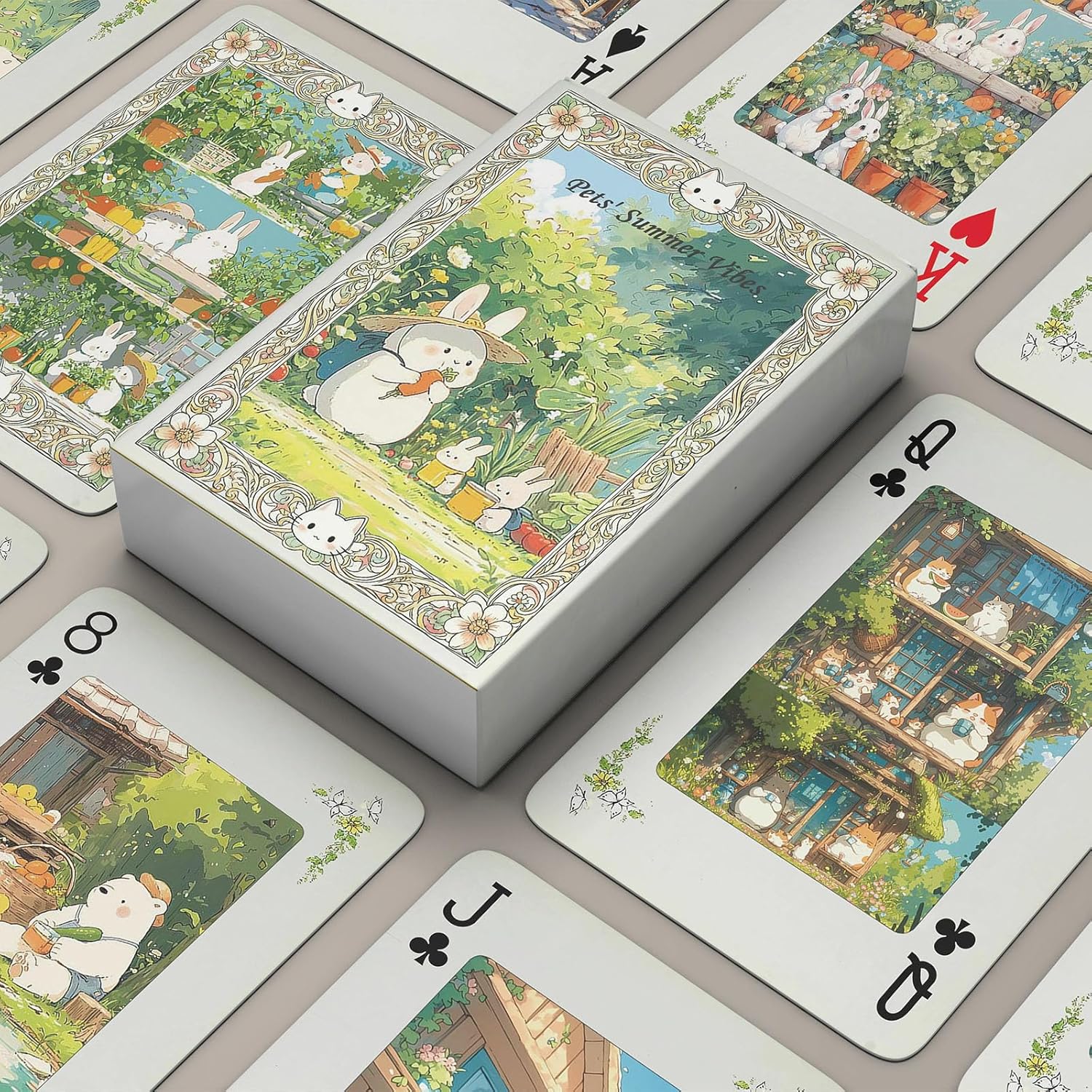 Playing Cards, Pets' Summer Themed Playing Card, 54 Unique Exquisite Illustrations, International Standard Size, Dual-Sided Non-Slip Texture Design