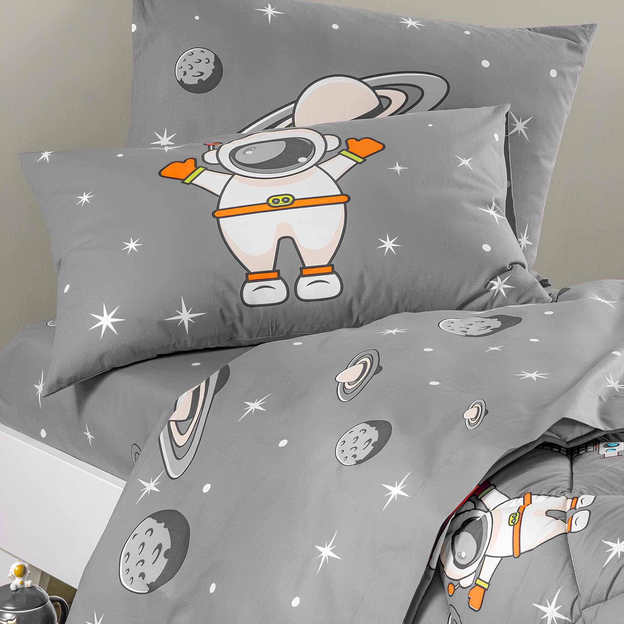 Caleffi Lenzuola Singolo Bambino Art. Spazio in Cotone 100% – Set 3 Pezzi con Federa Double Face – Colore Grigio