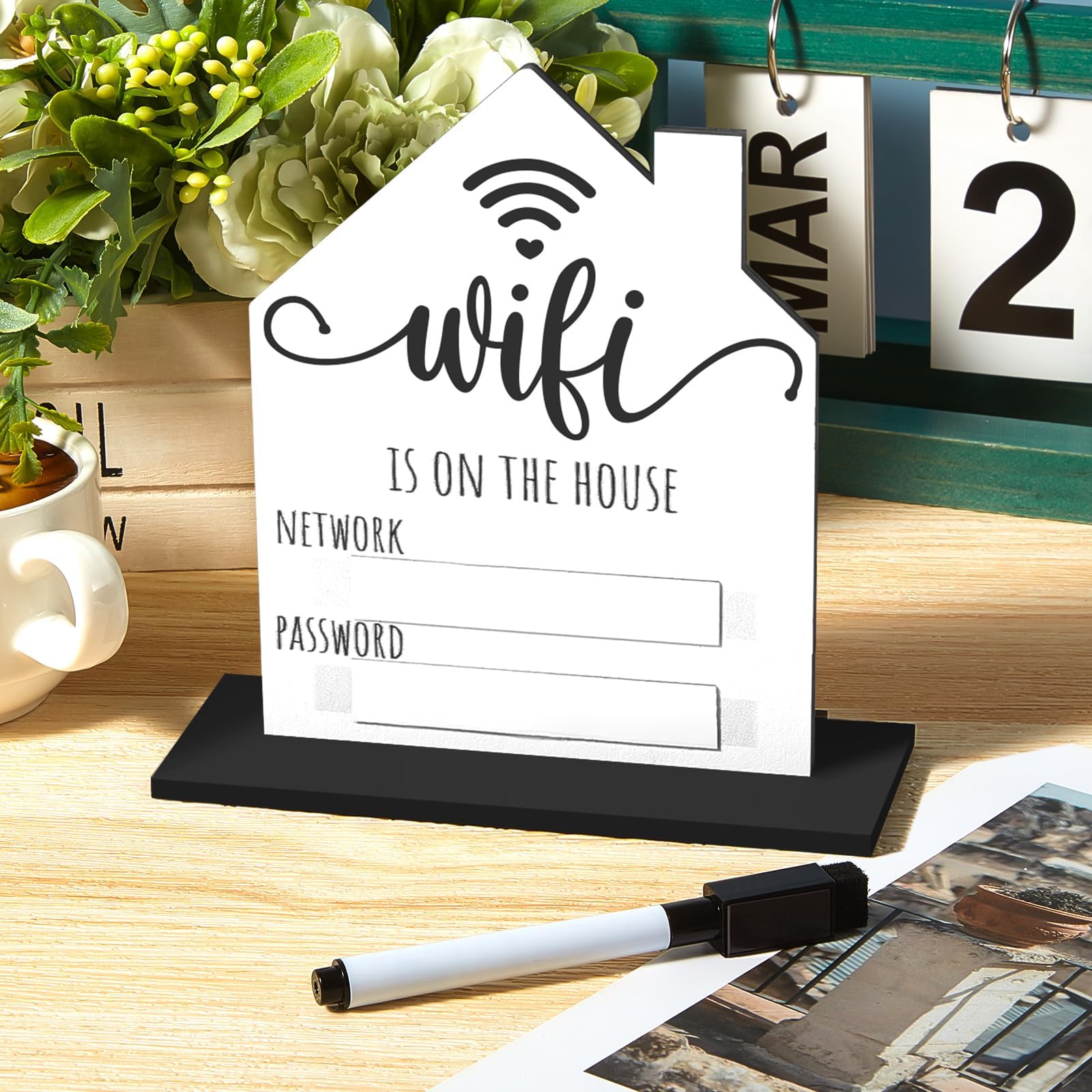 Wooden WiFi Password Sign WiFi Board Sign for Home Business Guest Bedroom Essentials with Whiteboard, Board Erasable Pen, Stand, Hook for Home Desk Wall Hanging(Large, 11.8 x 8.9 Inch)