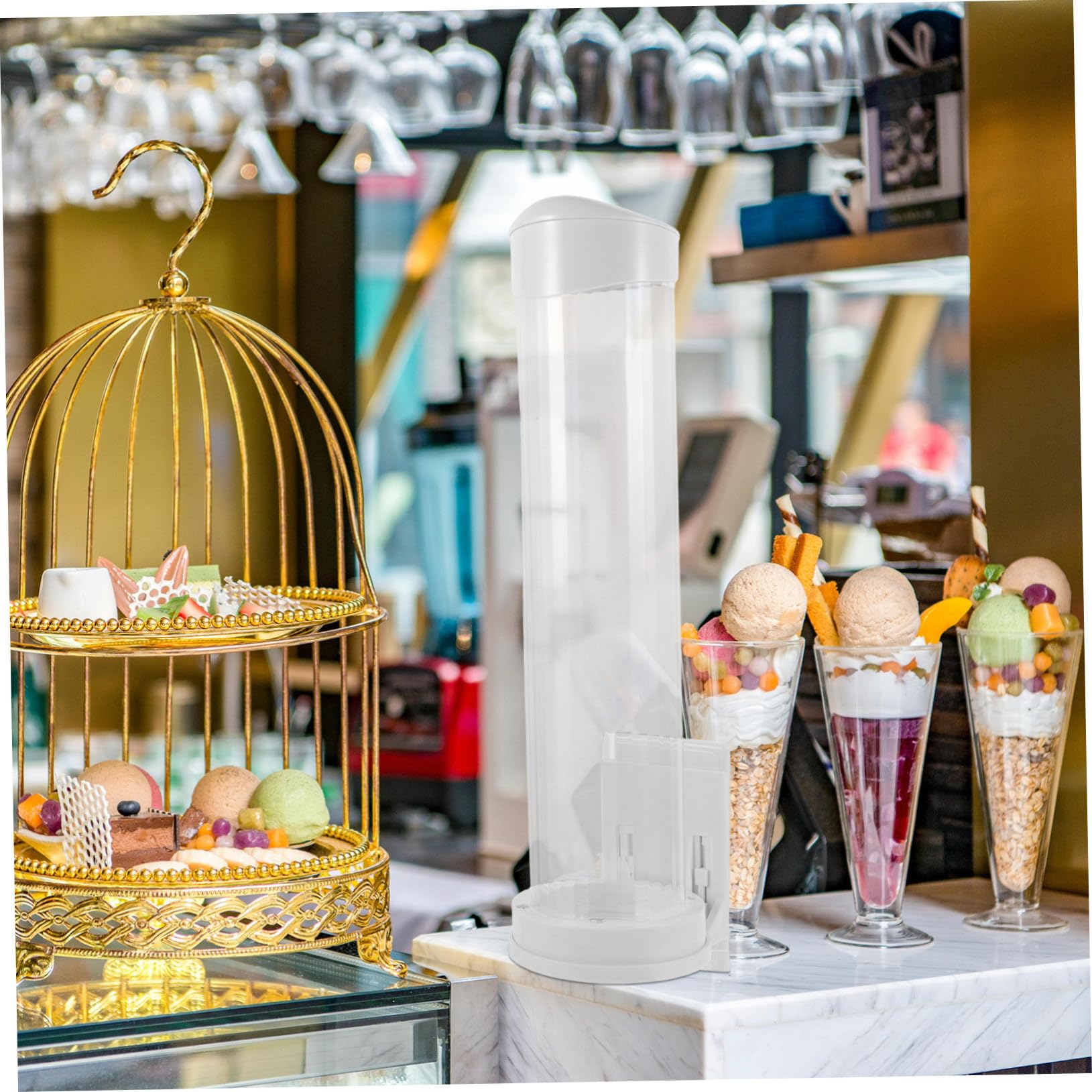 Soporte Color Conos de Plástico para Helado Blanco Diseño Aleatorio Compacto Automático y Uso Comercial en Espacios Pequeños y Mostradores