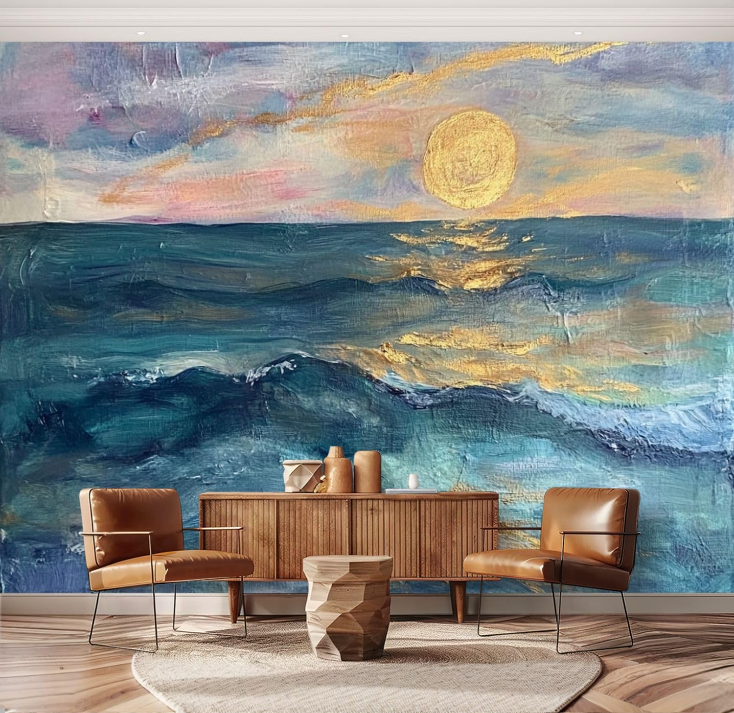 Abstract Oil Lake of The Sky Sunset Ocean Waves Golden Reflections Wall Mural Peel & Stick Wallpaper Removable Self-Adhesive Large Wall Sticker Wall Decor for Bedroom Living Room Nursery 69"x98"