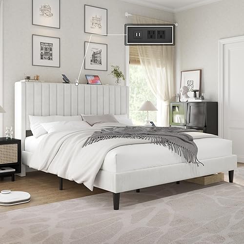 Miniatura 44 de VanAcc Base de cama tamaño Queen, plataforma tapizada de terciopelo con cabecera capitoné de canal, base de colchón con listones de madera, no