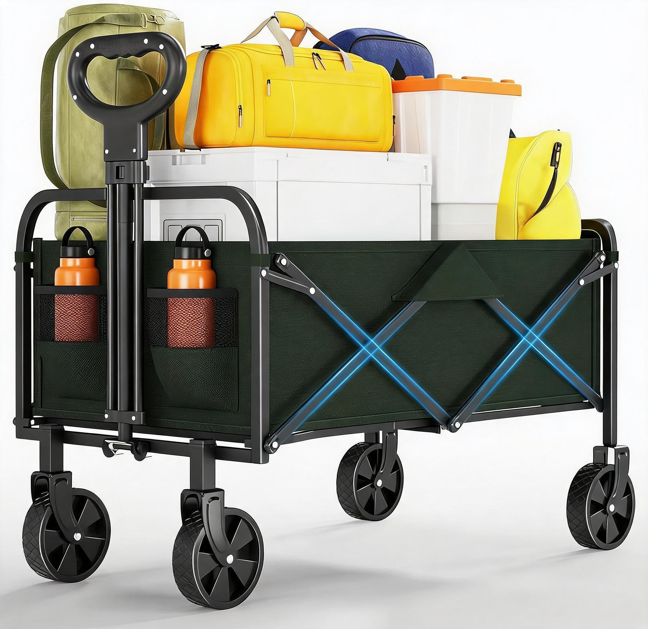 Foldable Utility Wagon Carts with All-Terrain Wheels, Adjustable Handle, Drink Holders, 220 LBS Capacity, Collapsible Cart for Shopping, Camping, Gardening, Green