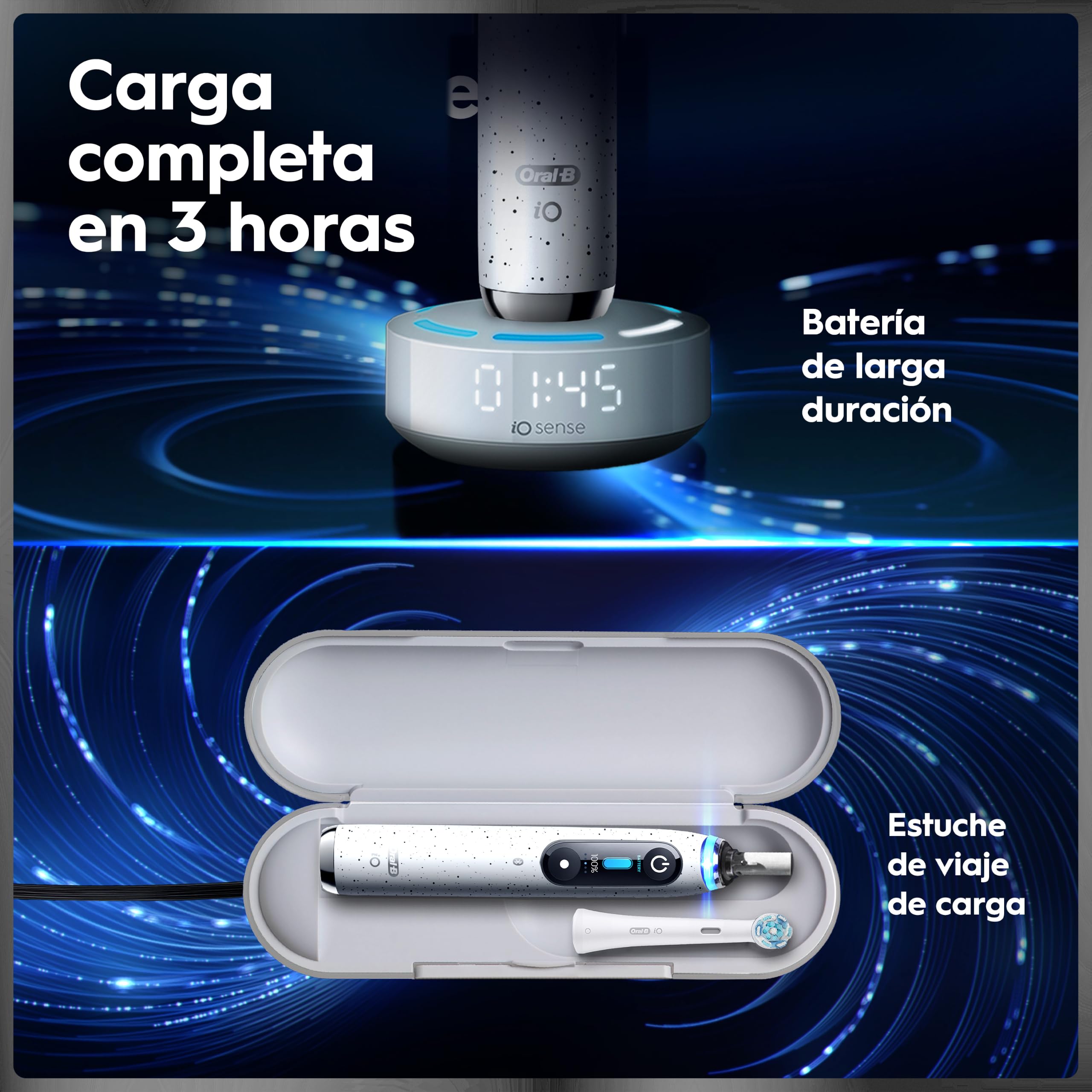 Oral-B iO 10 Cepillo de Dientes Eléctrico Blanco, con 3 Cabezales y 1 Estuche Cargador de Viaje, Diseñado por Braun