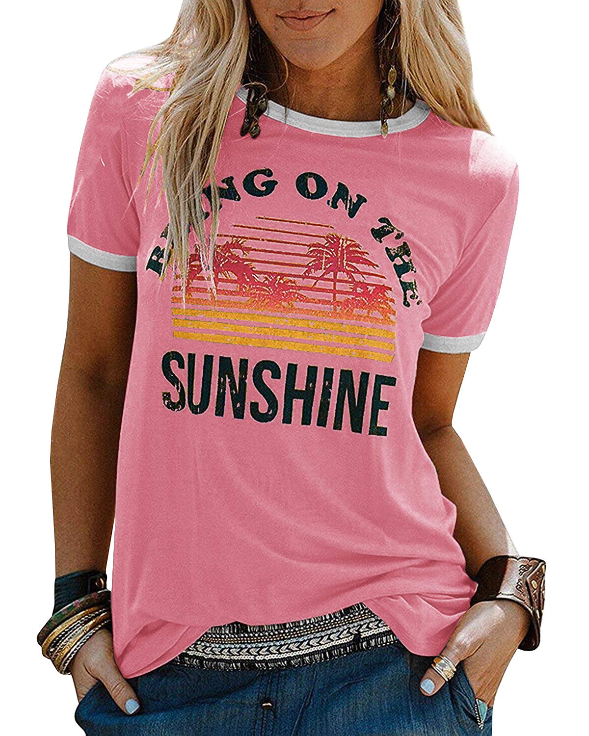 YEXIPO Graphic Tees for Women Short Sleeve Summer Tops Funny Letter Printed Loose Casual T Shirts