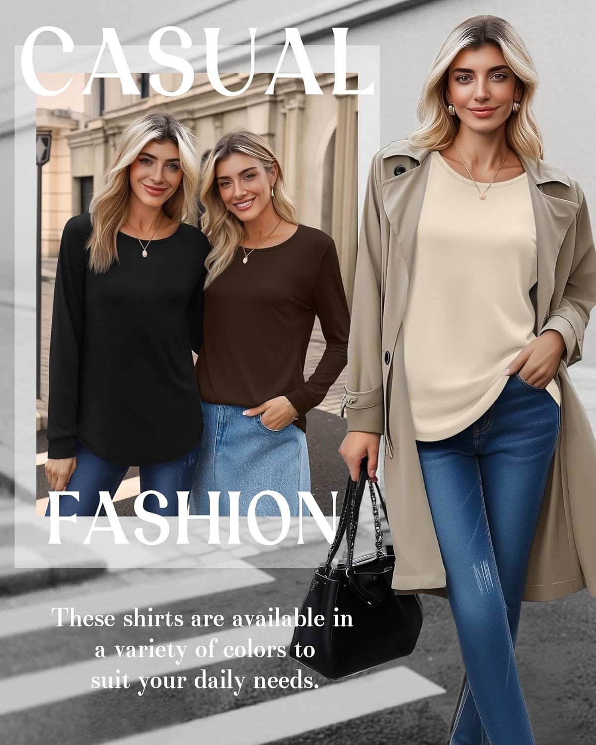 Huukeay 4 Pack Womens Long Sleeve Shirts Loose Fit Tunic Tops Crew Neck Curved Hem Basic Casual Layering Shirts - Image 4