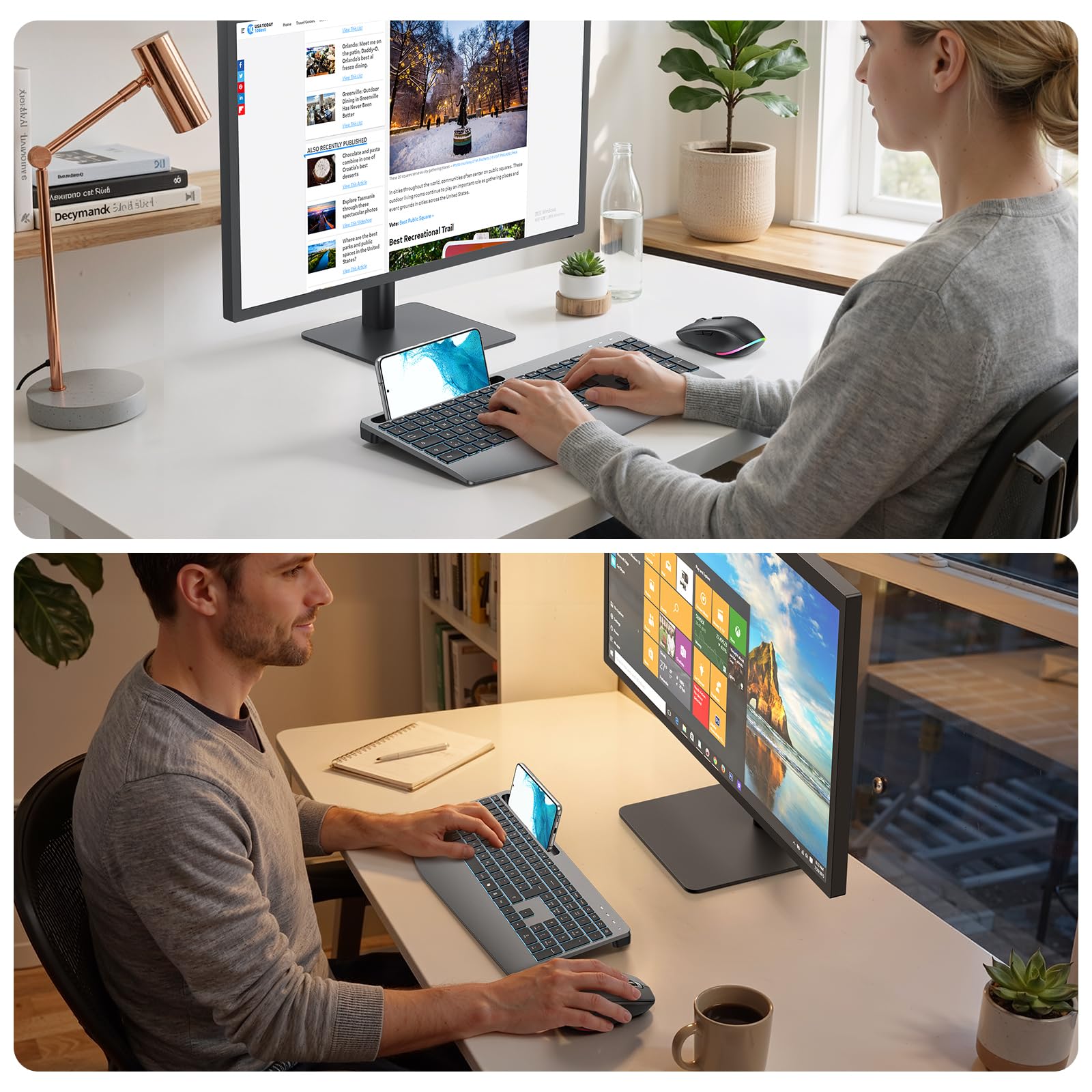 Tastatur Maus Set Kabellos 2,4GHz QWERTZ, OMOTON Beleuchtete Tastatur Leise | Handballenauflage, Ein USB Empfänger für beide Geräte, 4 DPI Maus, Wiederaufladbar, Ergonomische, Windows Linux, Home Office