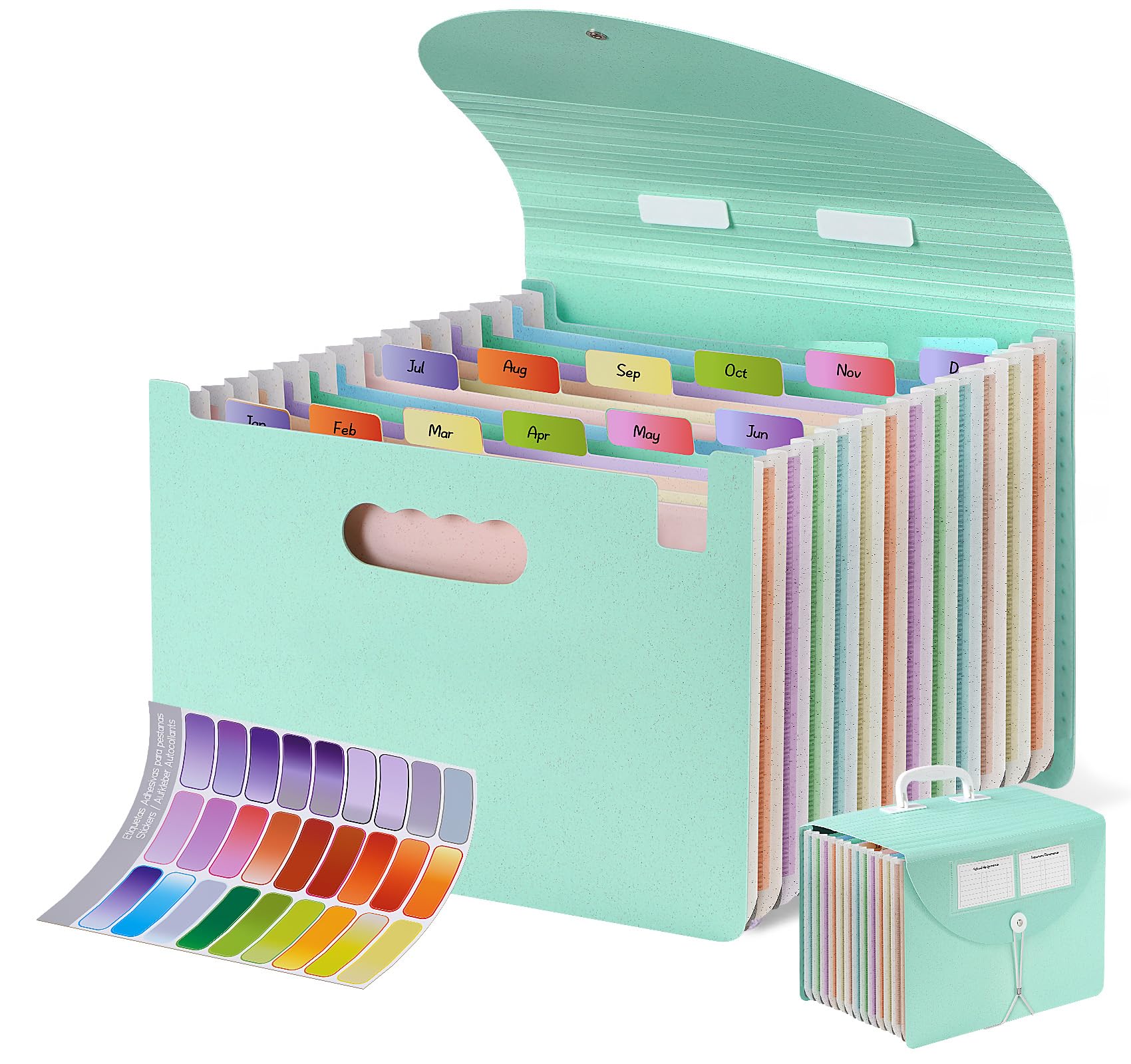 Agoer A4 Dokumentenmappe 13 Fächer Erweiterbaren,Weizenstroh Akkordeonmappe mit Griff,Deckel,Etikette,Tragbarer Sortiermappe Bunte Datei Ordner Organizer,BPA-frei Dokumententasche für Schule Büro