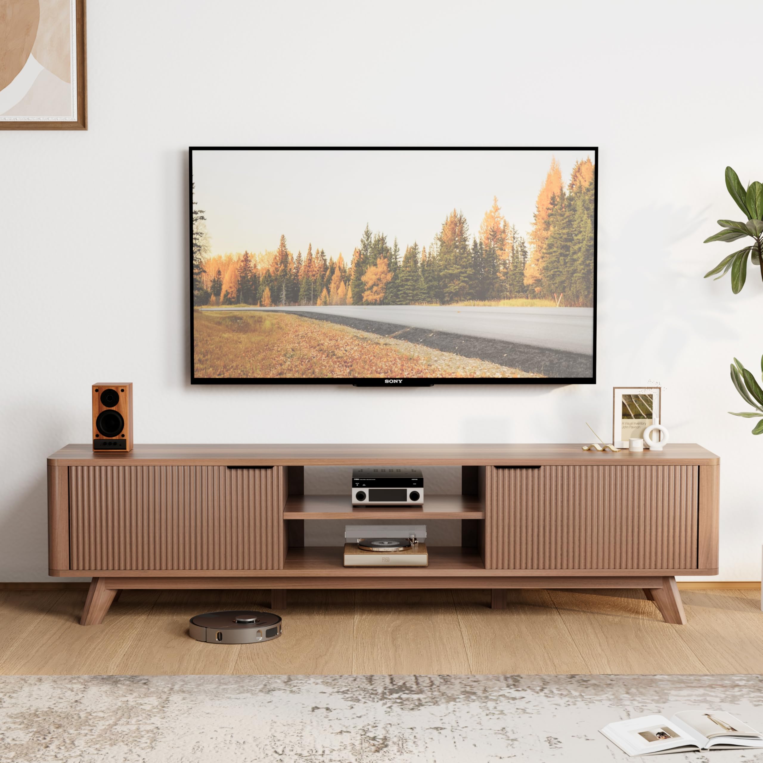 70" Mid Century Modern Fluted TV Stand,TV Stand for Living Room for TVs up to 80 Inches,Entertainment Center, Sideboard,TV Console with Fluted Door Cabinets and Open Shelves,Reddish Brown
