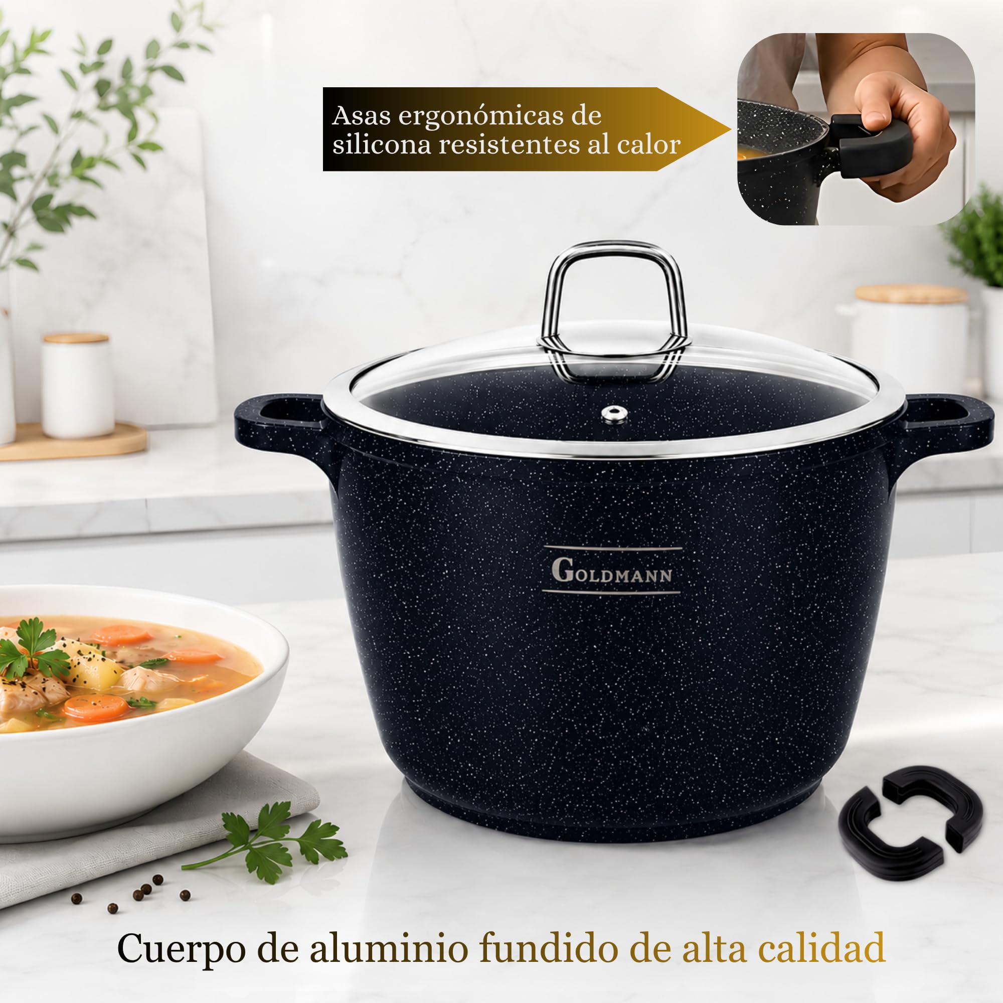 GOLDMANN olla aluminio fundido de 28 cm y 10 L, con revestimiento antiadherente de mármol cerámico, tapa de vidrio, apta para inducción y todo tipo de cocinas, apta para horno y libre de PFOA
