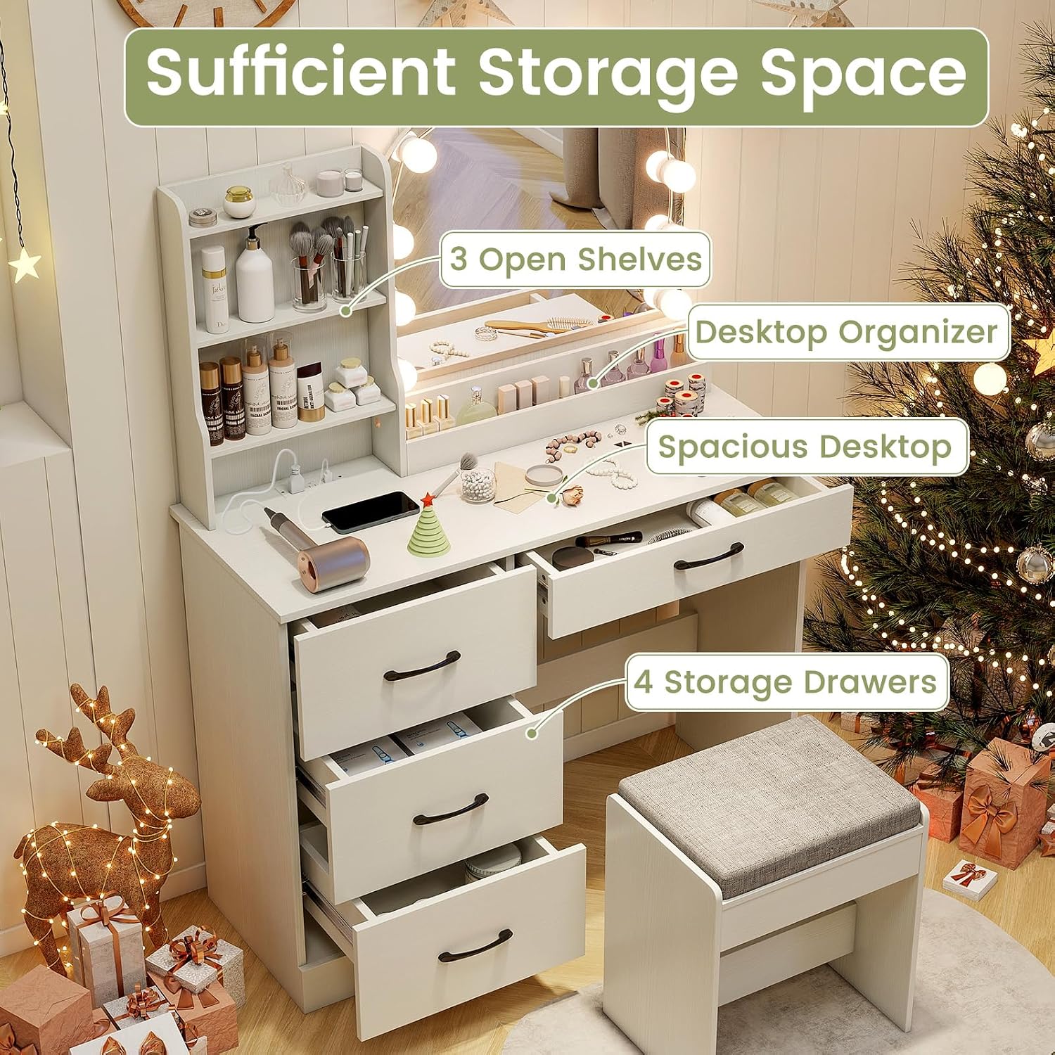 LOKO Vanity Desk Set with Mirror & Lights, Dressing Table with 3-Color Lighting & Adjustable Brightness, Desktop Organizer & 4 Drawers, 3 Open Shelves, Modern Vanity Makeup Table for Bedroom (White)