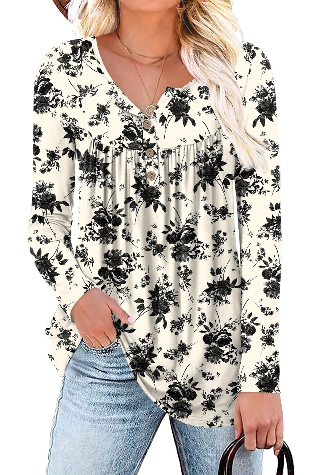 AodemoWomen's Fall Henley V Neck Button Up Tunic Ladies Tops Flowy Long Sleeve T-Shirts Ladies Blouse