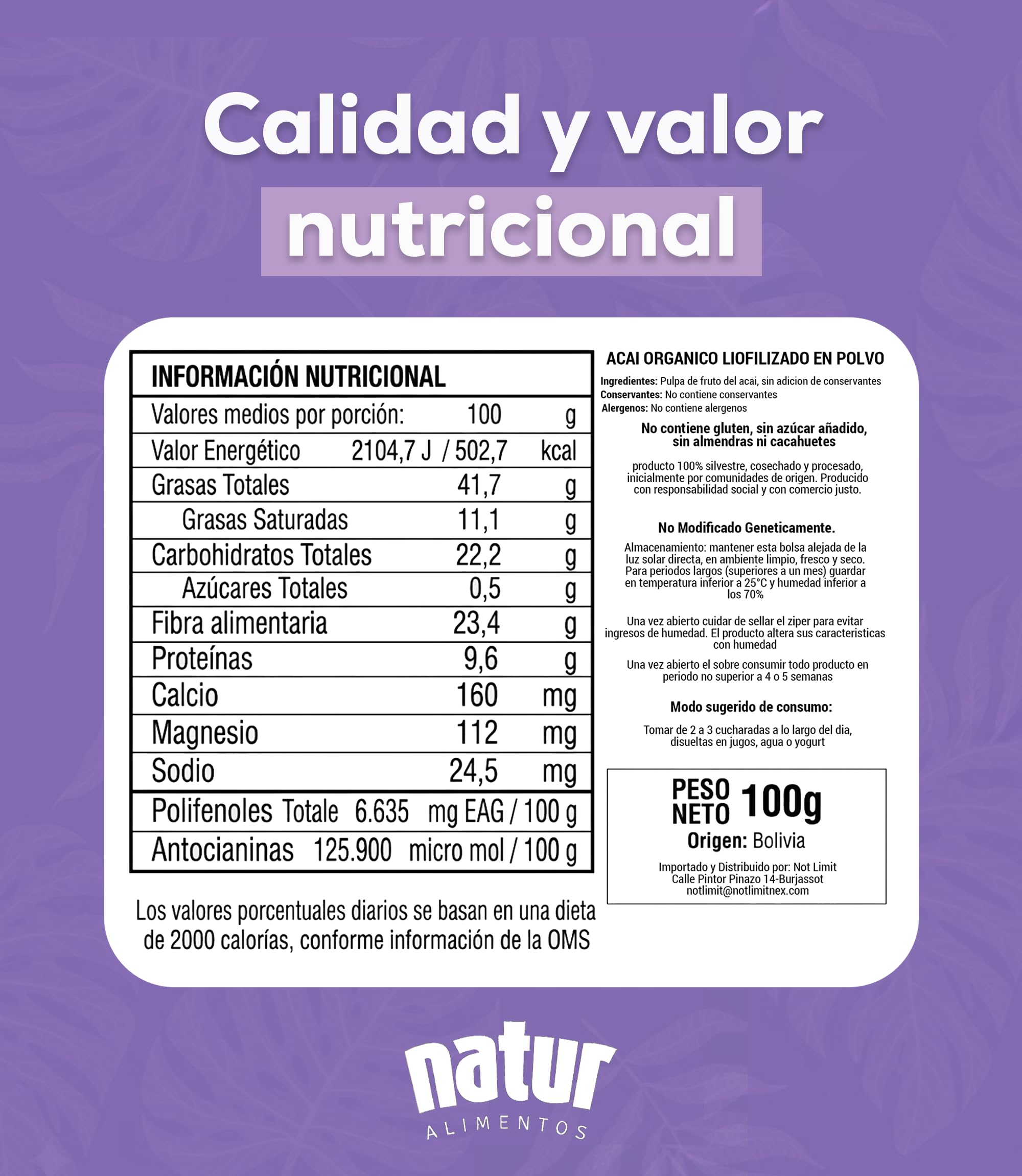 Acai en Polvo Puro Liofilizado Superalimento Natural de la Amazonía Rico en Antioxidantes Vegano No GMO Ideal para Batidos Postres Recetas Saludables 100g