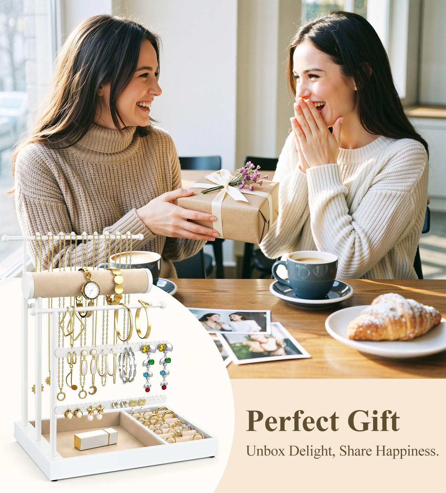 Emibele Sostenedor Collares Organizador Joyero Soporte Con Bandeja Terciopelo Organizador Joyero Torre Para Pendientes Brazaletes Y Collares Elegante Torre Joyero Regalos Para Mujeres, Blanco