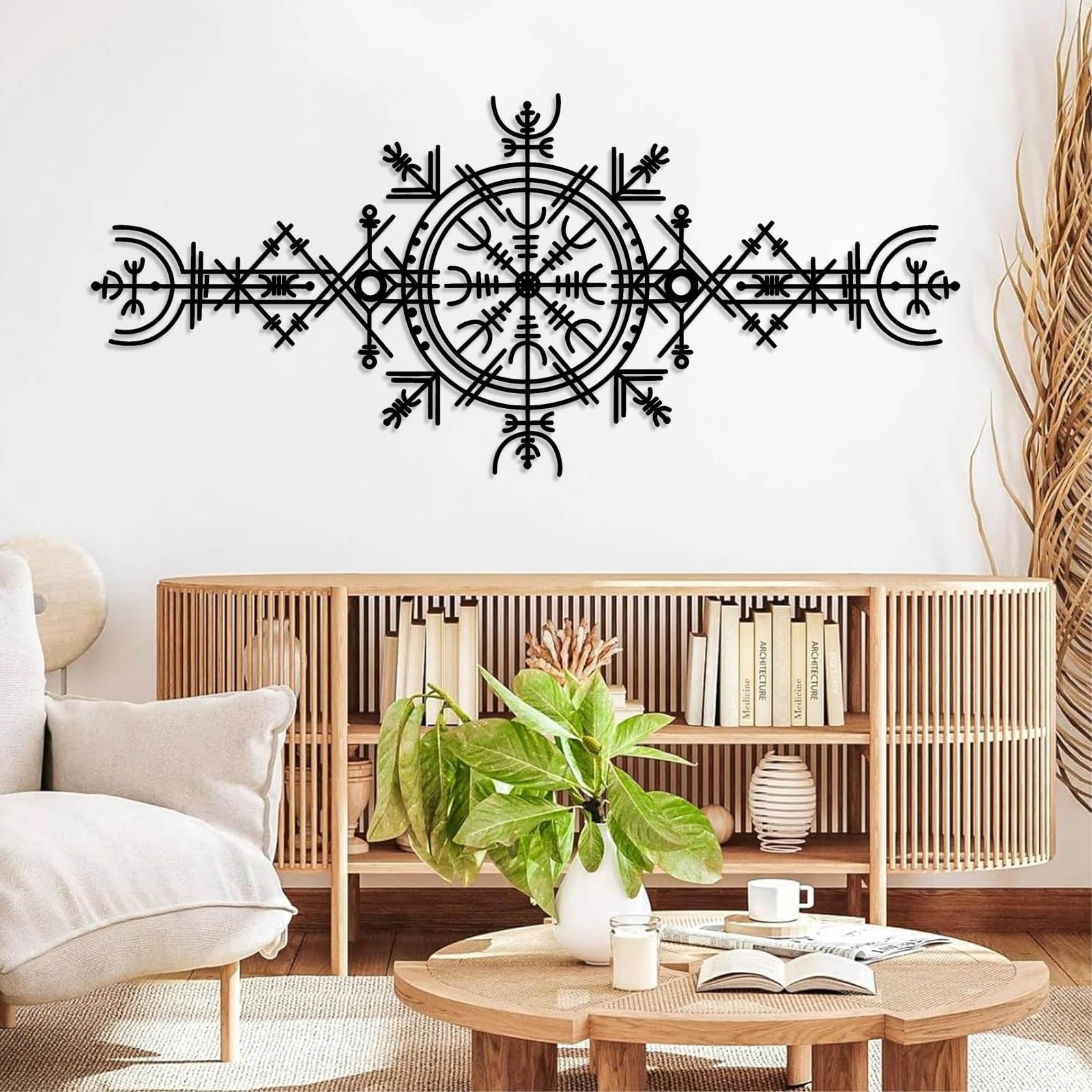 Współczesna abstrakcyjna metalowa dekoracja ścienna, dekoracja wikingów, sztuka Vegvisir, znak staronordycki, koło runiczne z Mjölnir (60 x 135 cm, czarna)