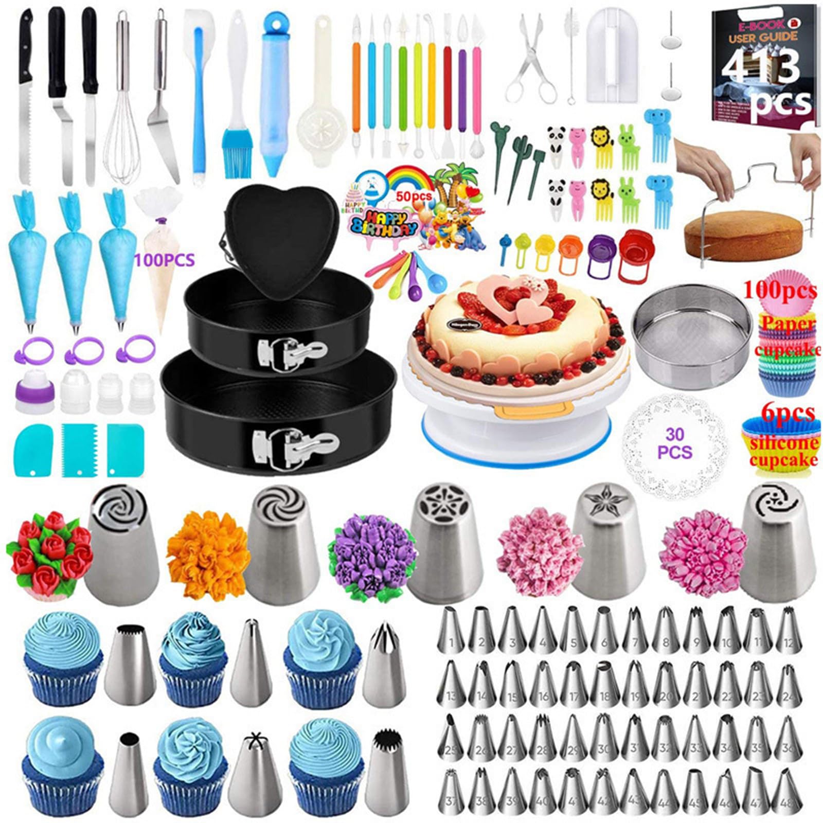 QSWLHLYY Cake Decorating Kit with Rotating Turntable, Non-Stick Cake Pans, Piping Tips, Spatulas, Scrapers & Silicone Cupcake Liners - Complete Baking Supplies for Beginners & Home Bakers 413PCS