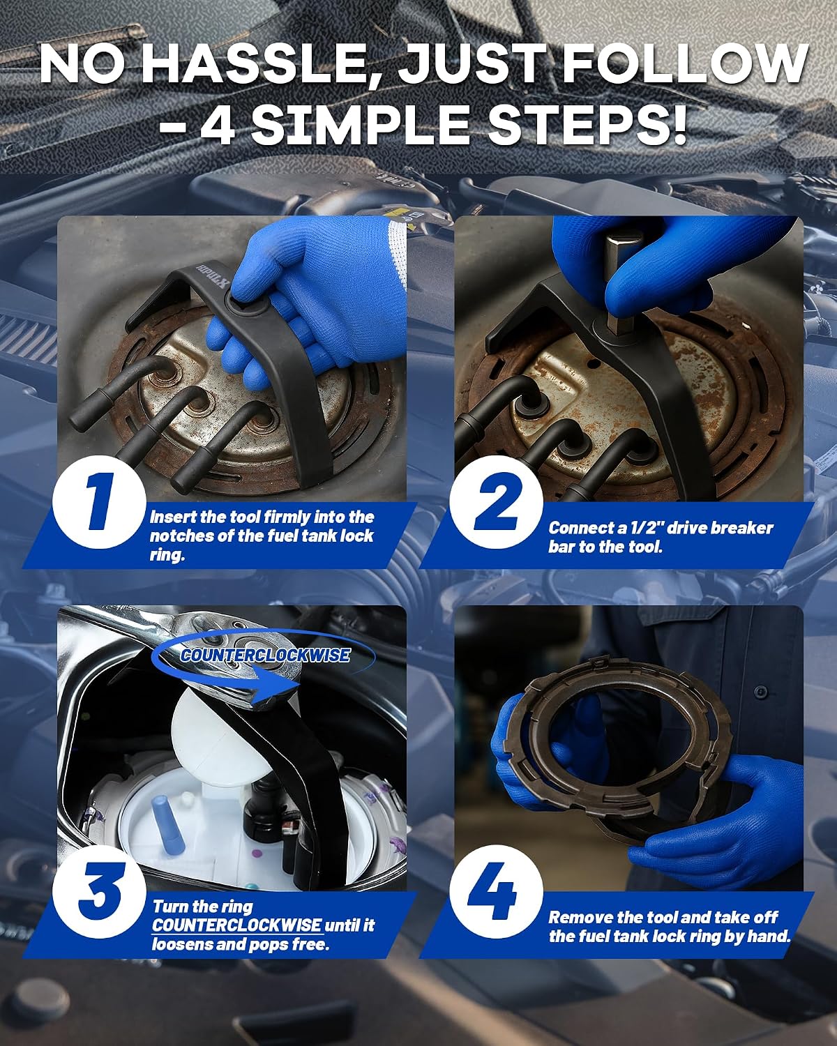 Fuel Pump Lock Ring Removal Tool, 1/2" Drive Compatible with C-hrysler D-odge J-eep F-ord B-MW B-enz V-olvo H-yundai K-ia, Fuel Tank Lock Ring Tool with Gloves for Fuel Pump Ring Remove 6599
