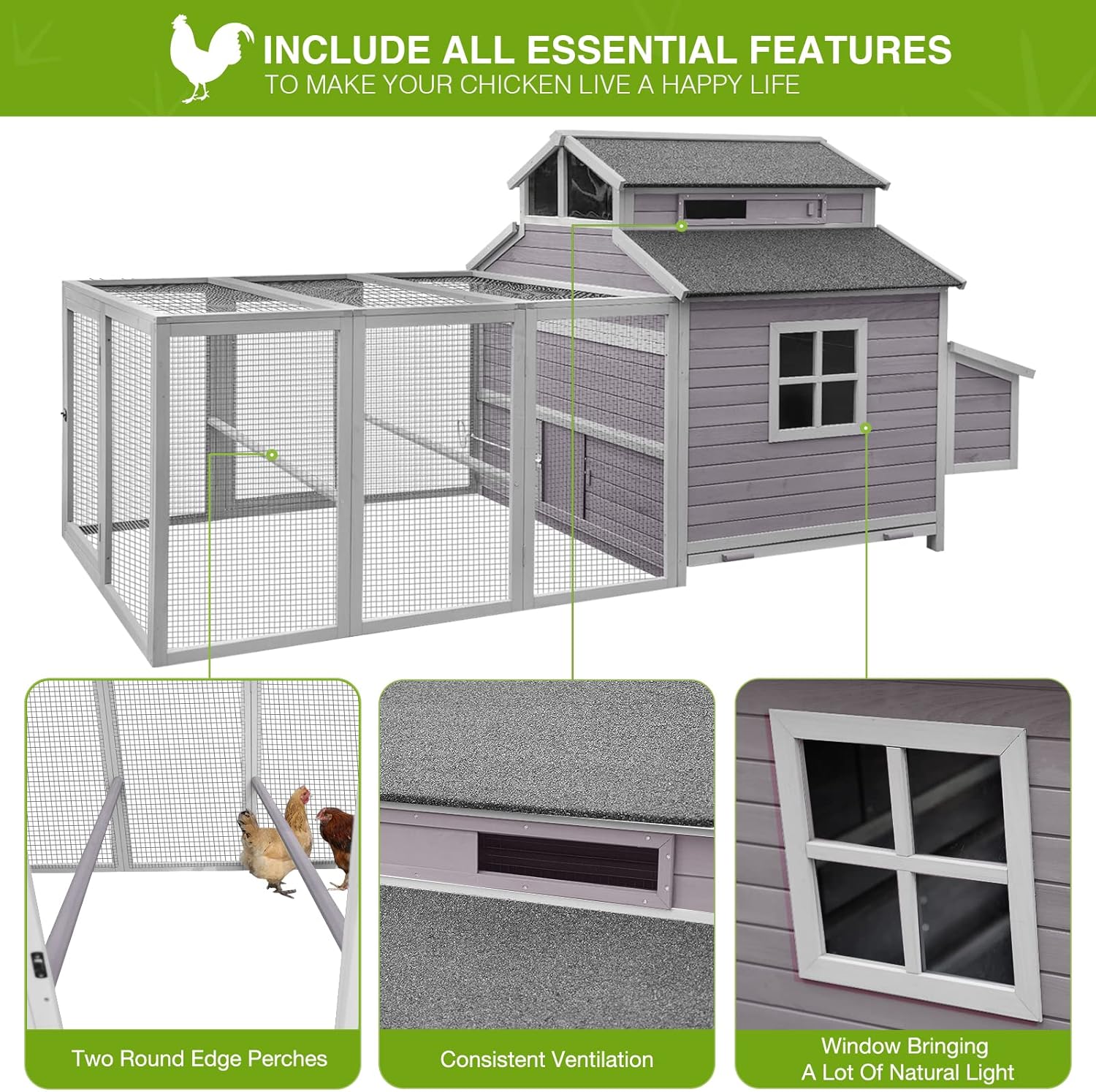 GUTINNEEN Chicken Coop Large Hen House for 8-10 Chickens Wooden Poultry Cage with Run and Nesting Box 115in