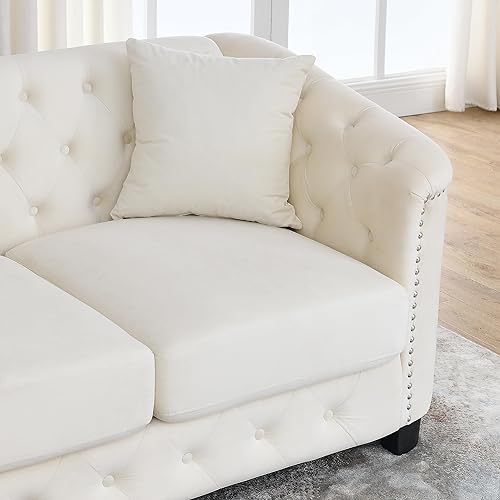 Miniatura 5 de Juego de sofá Chesterfield de terciopelo moderno de 2 piezas de 77 pulgadas, 3 plazas, respaldos tapizados con brazos de cabeza de clavo y 4 cojines