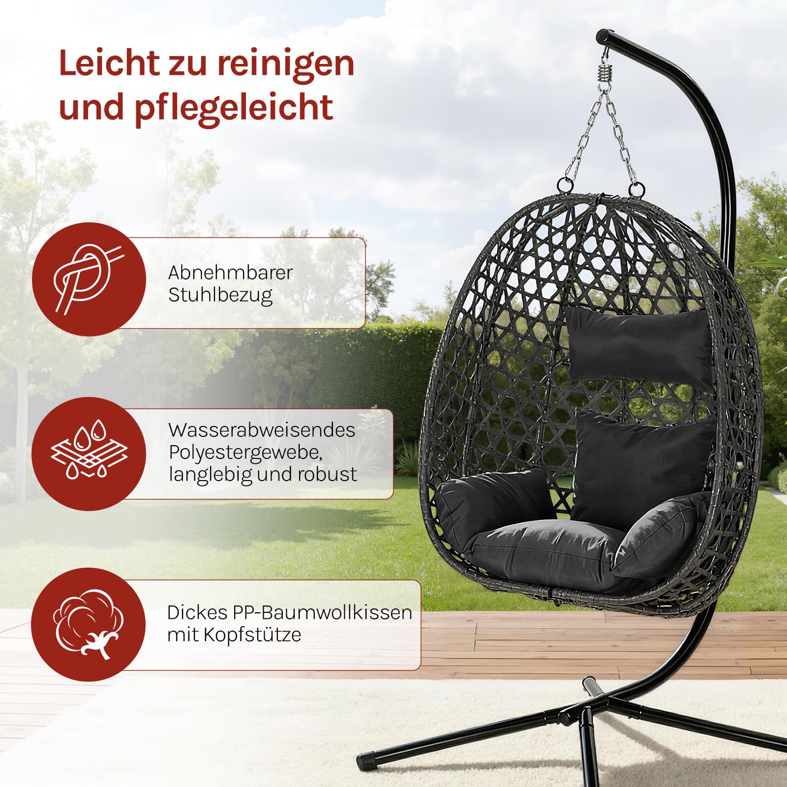 WOLTU Hängesessel mit Gestell, bis 150 kg belastbar, PE-Rattan Hängestuhl, mit Sitzkissen und Kopfstütze, für Indoor und Outdoor, Schwarz
