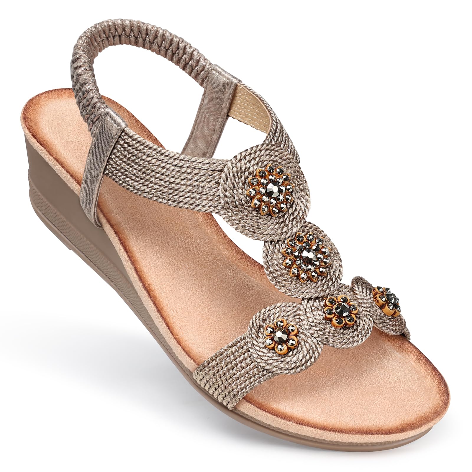 SHIBEVER Womens Sandals Wedge Low: Open Toe Elastic Ankle Strap Wedge Sandal - Dressy Sandals Women - Comfortable Summer