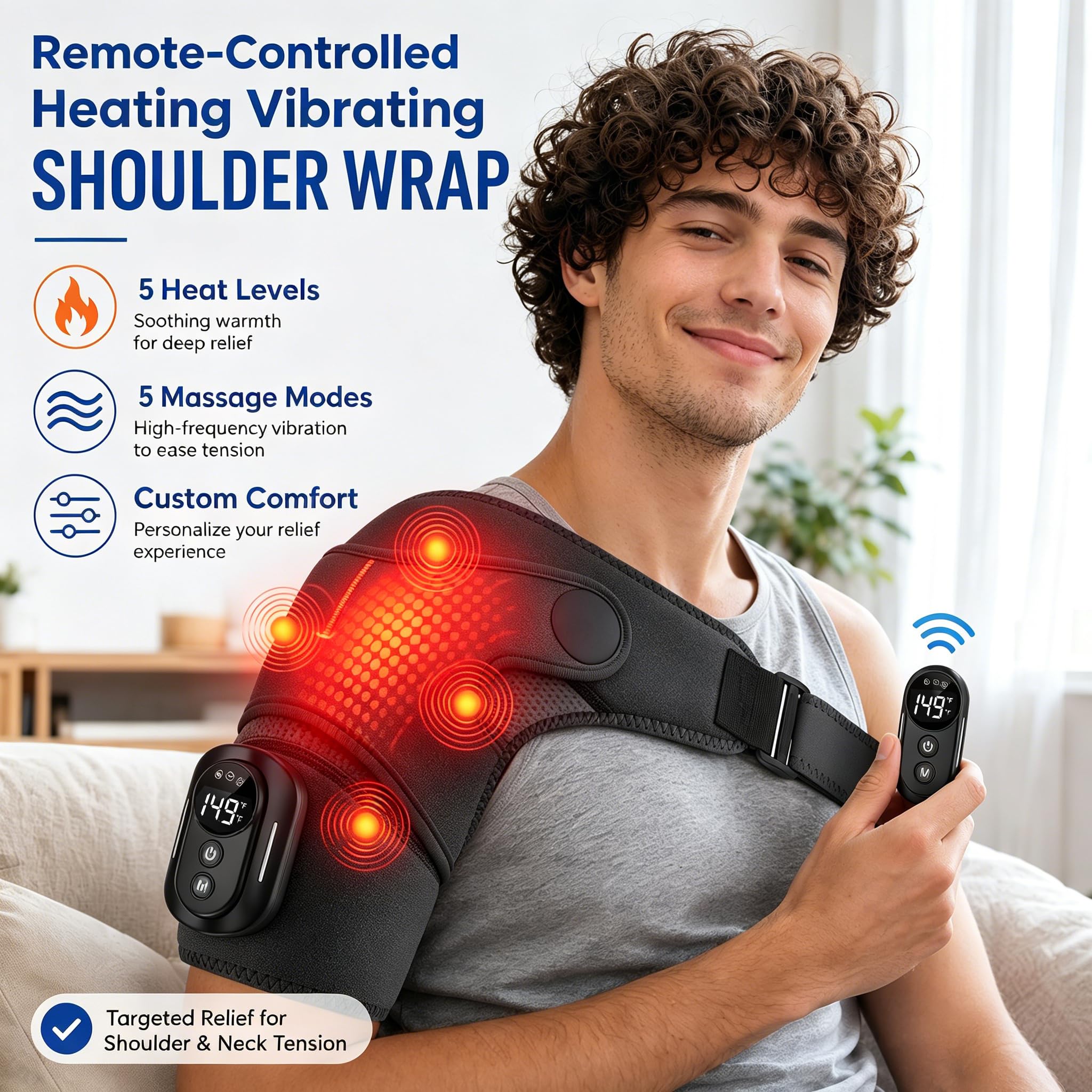 Schulter Massagegerät, Triple Methode Schultermassage Gerät mit Wärme | Elektrische Massagegerät mit 5 Heizstufen & 5 Vibration, 5000mAh-Batterie, Fernbedienung, 3-Gang-Timer, Geschenke für Männer