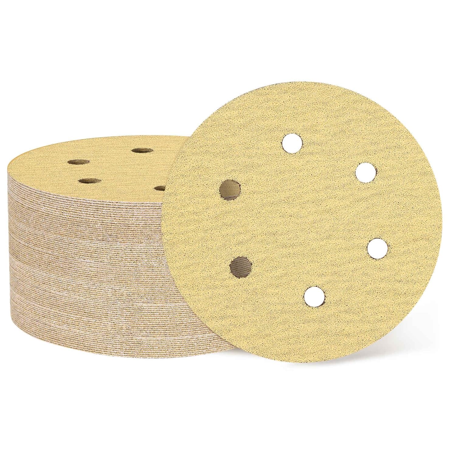 HARFINGTON 100 Pcs 6 Inch Sanding Discs, 80 Grit Hook and Loop Sandpaper, 6-Hole Aluminum Oxide Orbital Sander Sandpaper for Woodworking Automotive Metal Polishing, Yellow