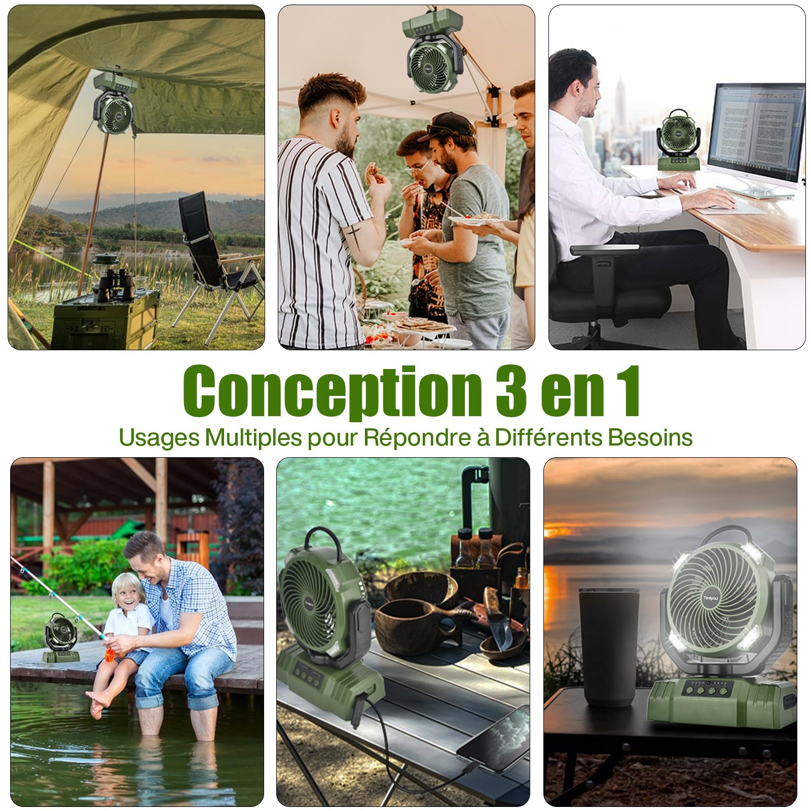 Ventilateur de Camping,Ventilateur de Bureau USB Avec Batterie 10 000 Mah Ventilateur Portable Silencieux Avec Lumière LED Rotation À 270° pour Bureau,Maison,Chambre,Voiture,Pêche,Camping en Plein Air