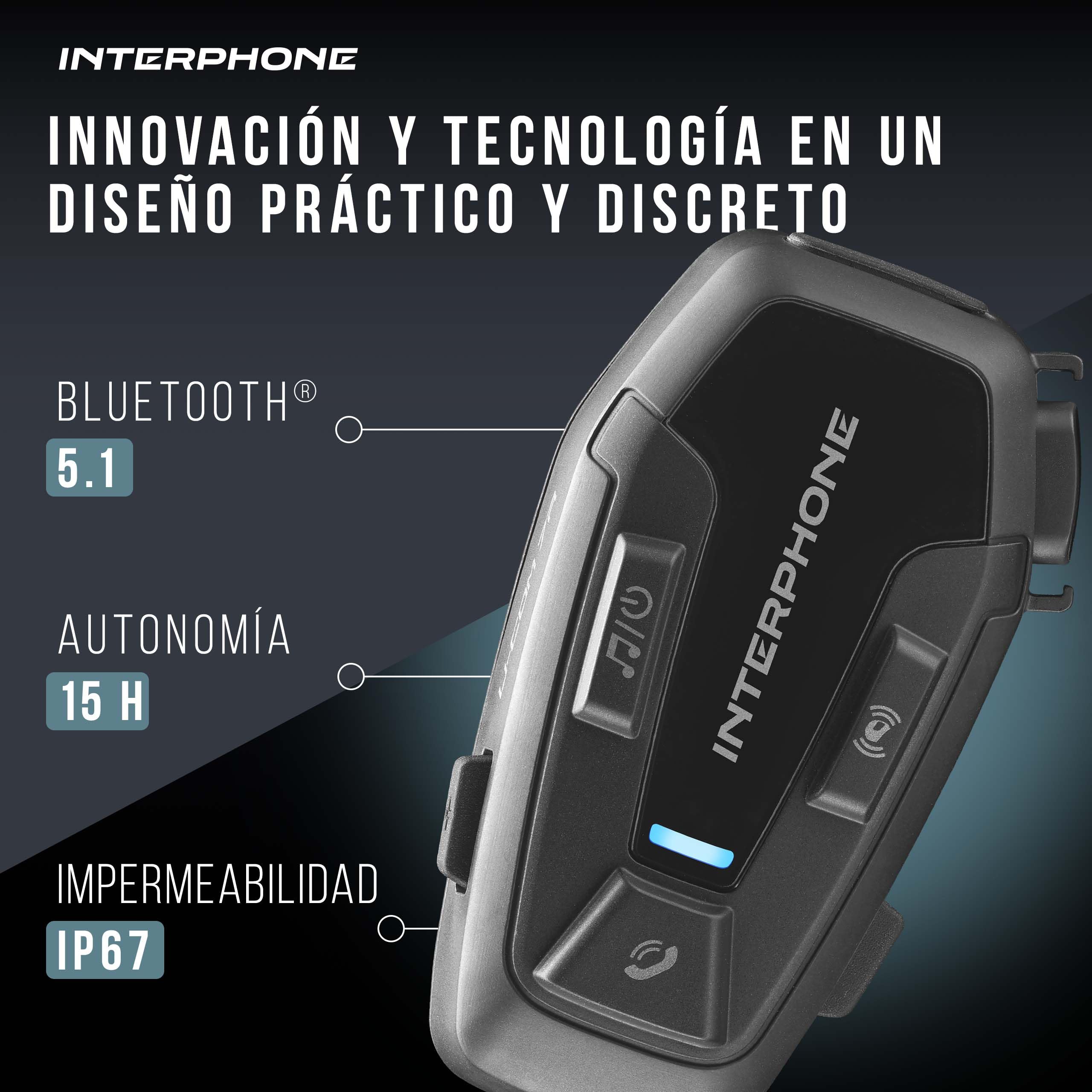 INTERPHONE U-COM 7R Intercomunicador casco moto individual con Bluetooth 5.1, para hasta 4 usuarios a 1 km, intercomunicador compatible con TFT y GPS, accesorios moto extraíbles, 15 h de batería, IP67