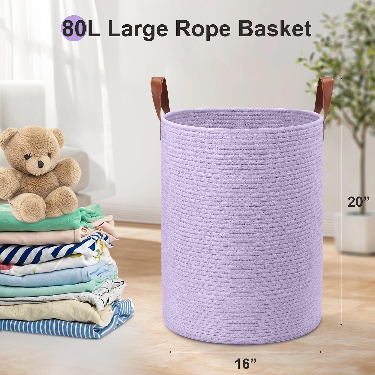 80L Large Rope Basket, Woven Rope Storage with Leather Handles, Dog Toy Storage Basket, Bedroom, Nursery Blanket Storage, Bathroom Laundry Hamper, 16“x20” Tall Basket (Purple)
