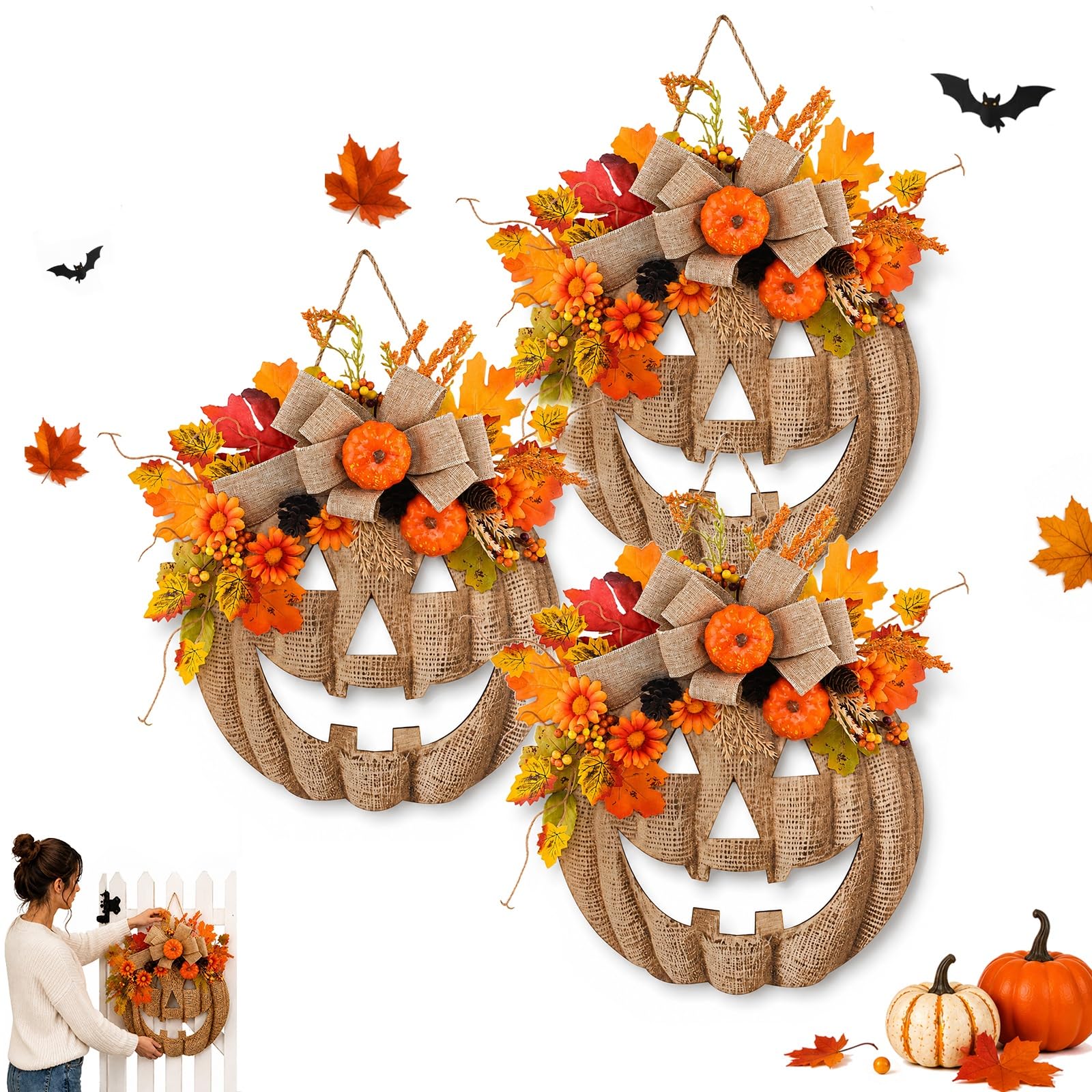 Burlap Pumpkin Wreath, Halloween Farmhouse Warm Harvest Fall Wreath