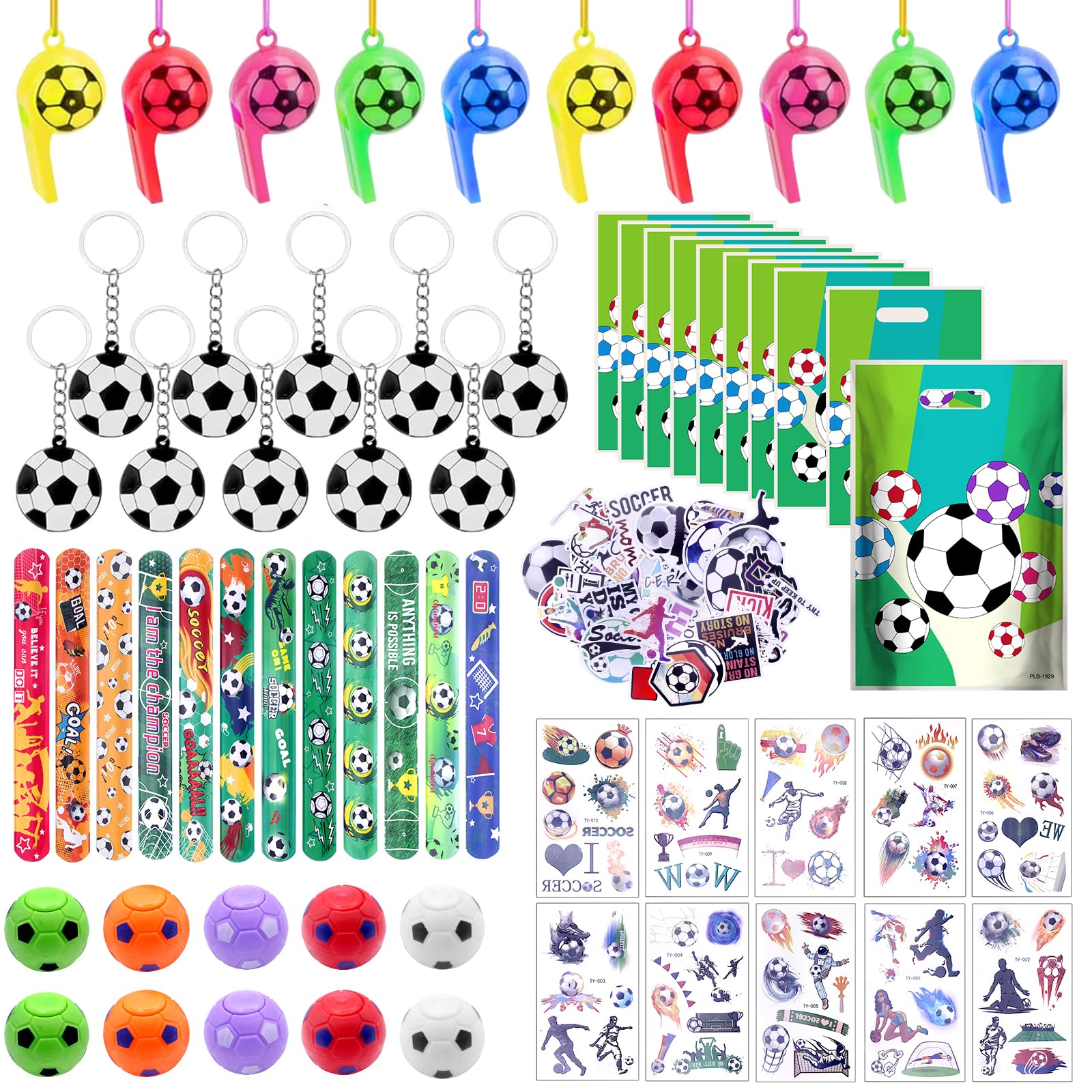 112 Pezzi Festa Compleanno Calcio Regalo Bambini, Kit Regalini Fine Festa con Portachiavi Pallone, Sacchetti Regalo, Tatuaggi, Fischietto, Adesivi