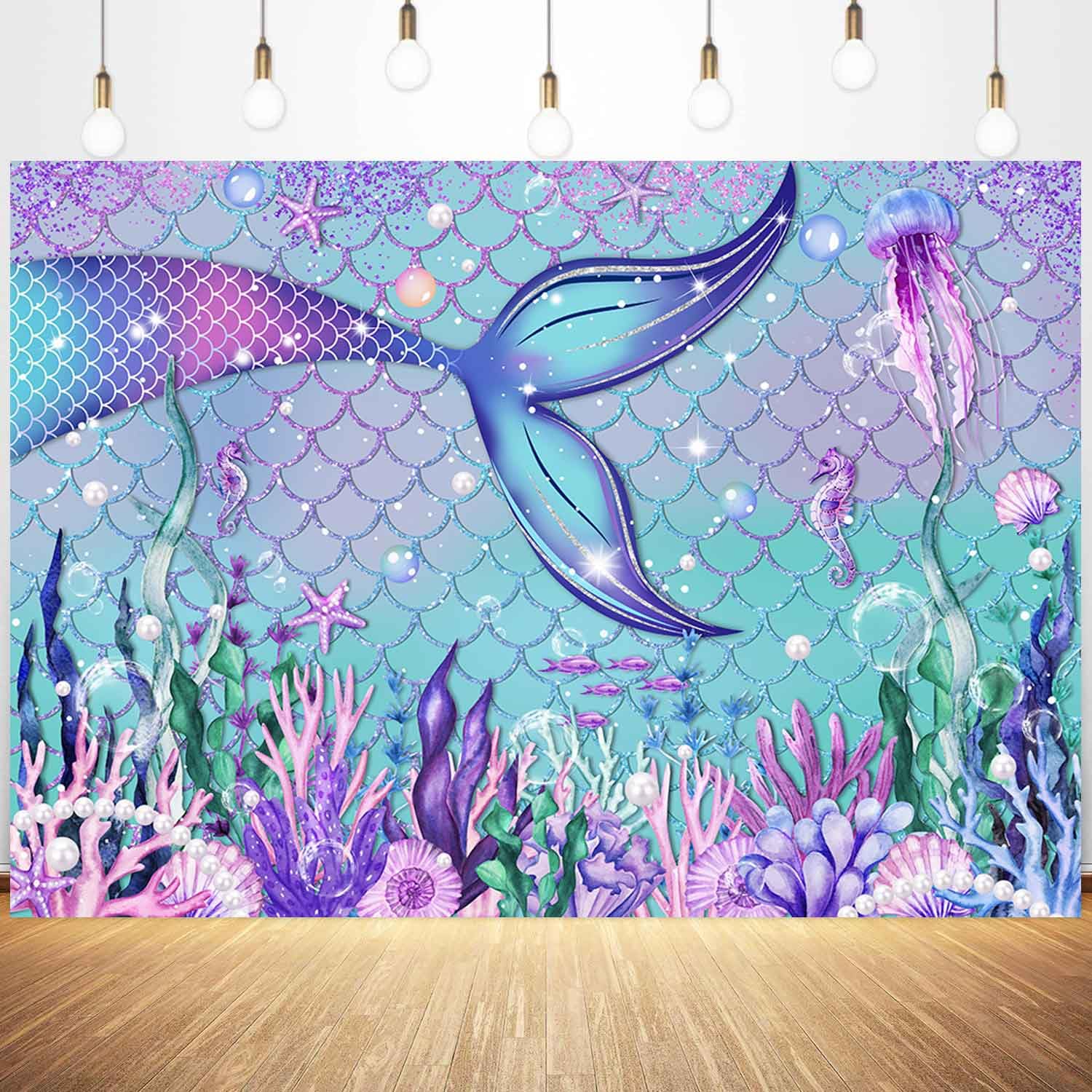 Ayayiya Mermaid Birthday Backdrop Under The Sea Little Mermaid Party Banner Decorations Girls Ocean Birthday Blue Purple Corals Glitter Scales Pearls