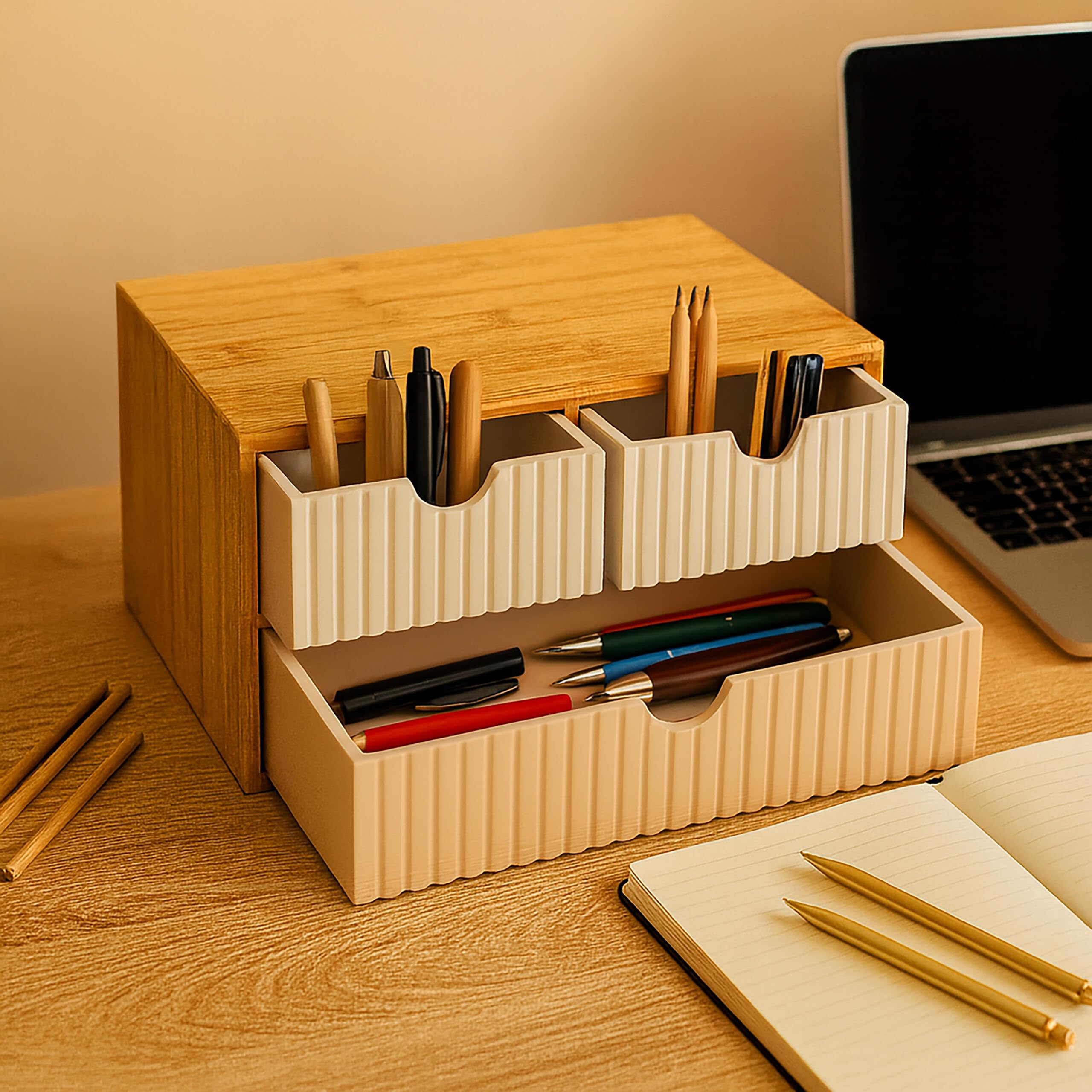 Caja de cajones Relaxdays, bambú y MDF, 3 cajones, H x A x F: 15 x 30 x 20 cm, Organizador de Escritorio, Blanco/Rosa