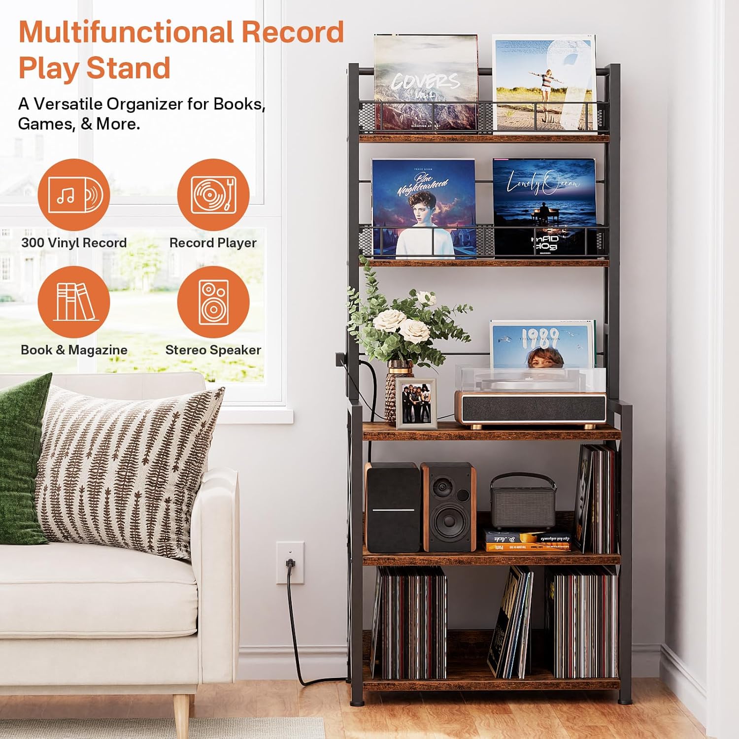 Record Player Stand with Power Outlet, 5-Tier Vinyl Record Storage Rack with Turntable Stand, LP Album Organizer & Display Rack, Media Storage Cabinet for Living Room Bedroom Music Corner