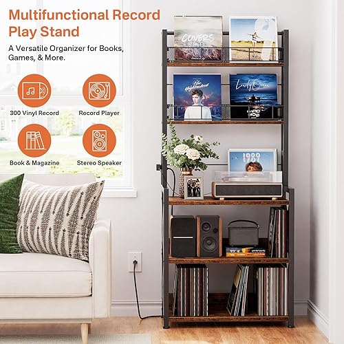 Miniatura 3 de Soporte para tocadiscos con toma de corriente, estante de almacenamiento de discos de vinilo de 5 niveles con soporte giratorio, organizador de