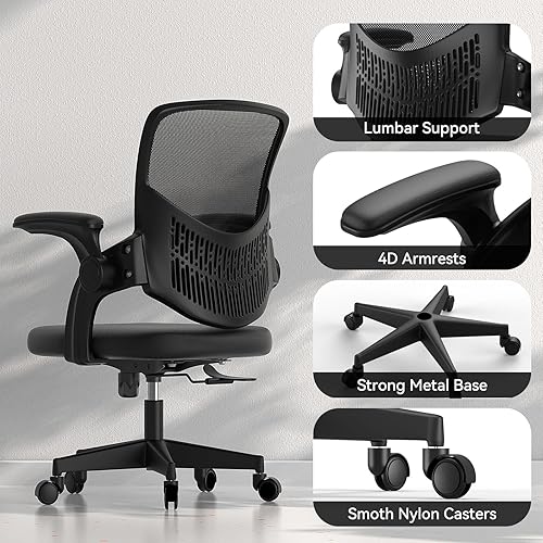 Miniatura 7 de Nazhura Silla de escritorio de oficina de malla con altura ajustable y giratorio, respaldo medio con reposabrazos abatibles y soporte para madera,