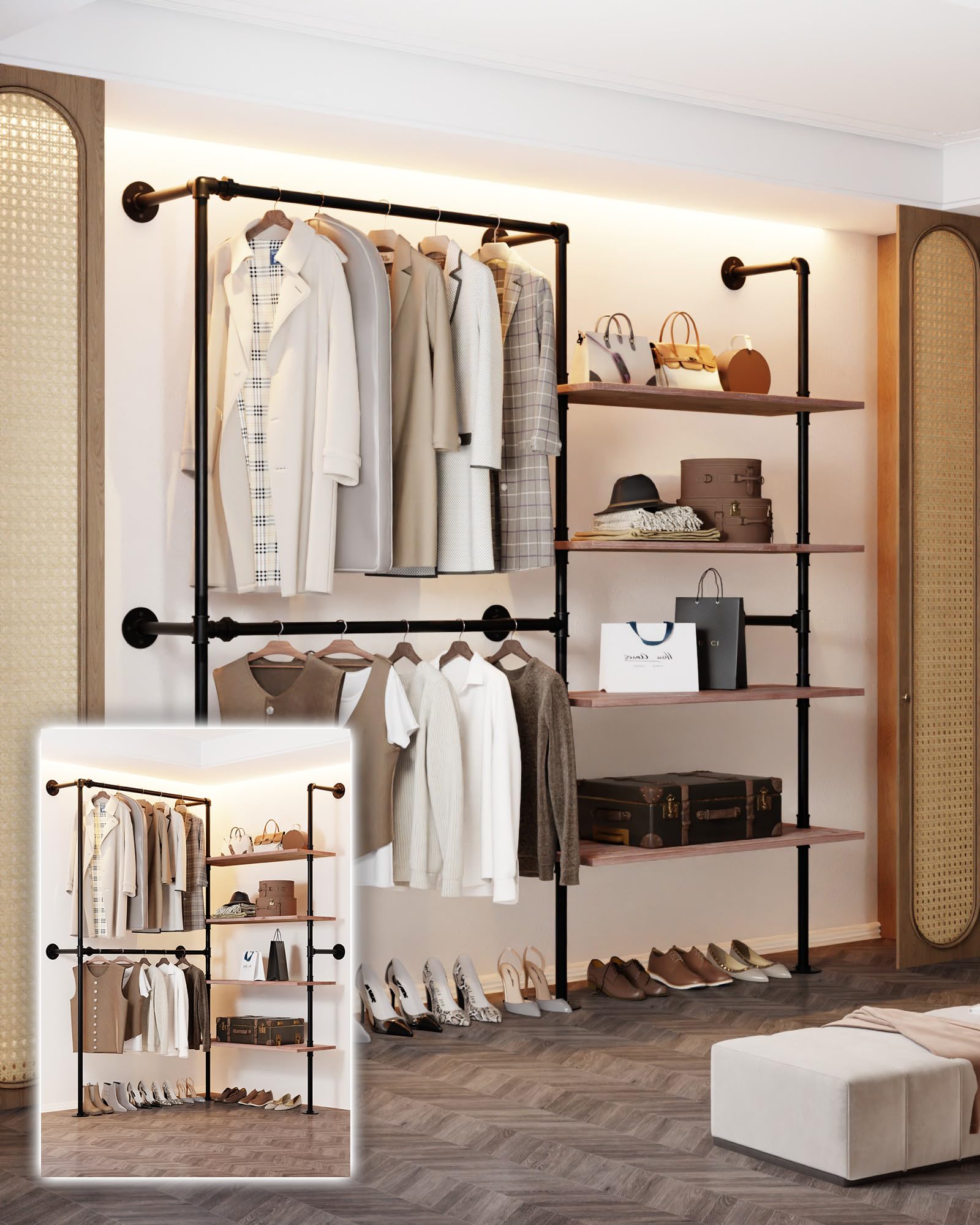 Photo 1 of Anynice Wall Mounted Clothing Rack with Pine Shelves, 76" Wide