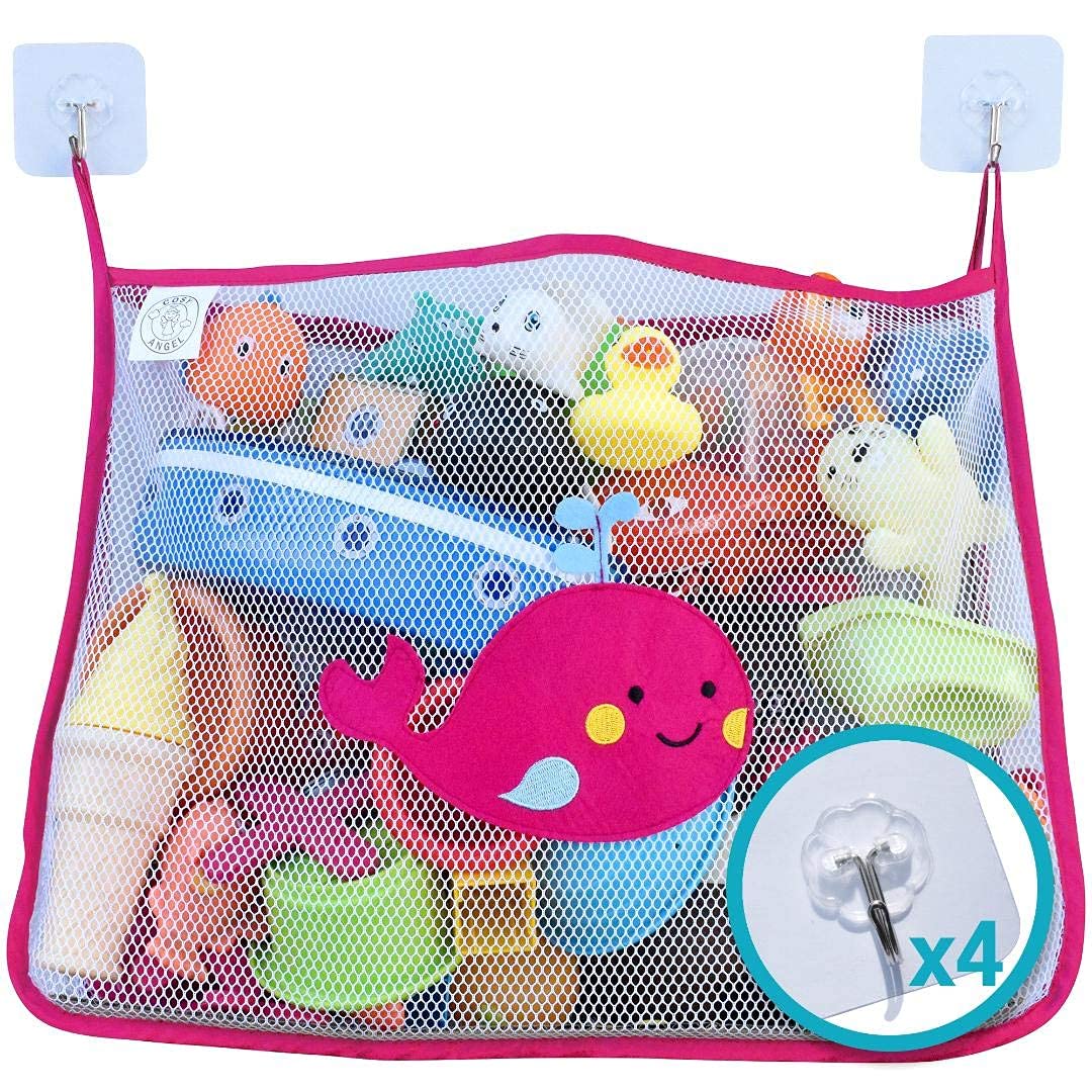 COSY ANGEL Baby Bath Toy Bag for Bath Toys Large Organiser Bathroom Storage Net with 4 Waterproof Self Adhesive Hooks (Pink)