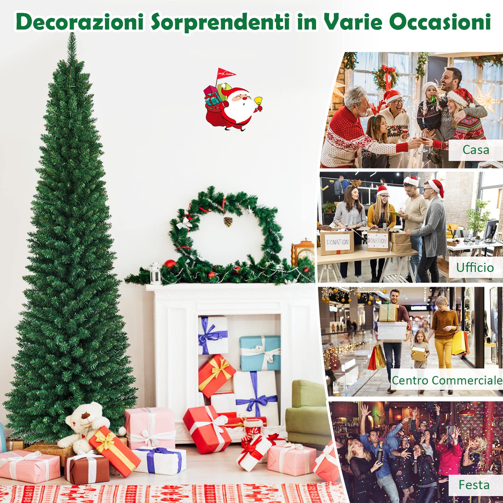 COSTWAY Albero di Natale Slim 150/180/210/240/270 cm, Albero di Natale Artificiale con 220/400/700/1000/1500 Rami e Base in Metallo, Decorazioni Natalizie per Casa e Negozio (240 CM)